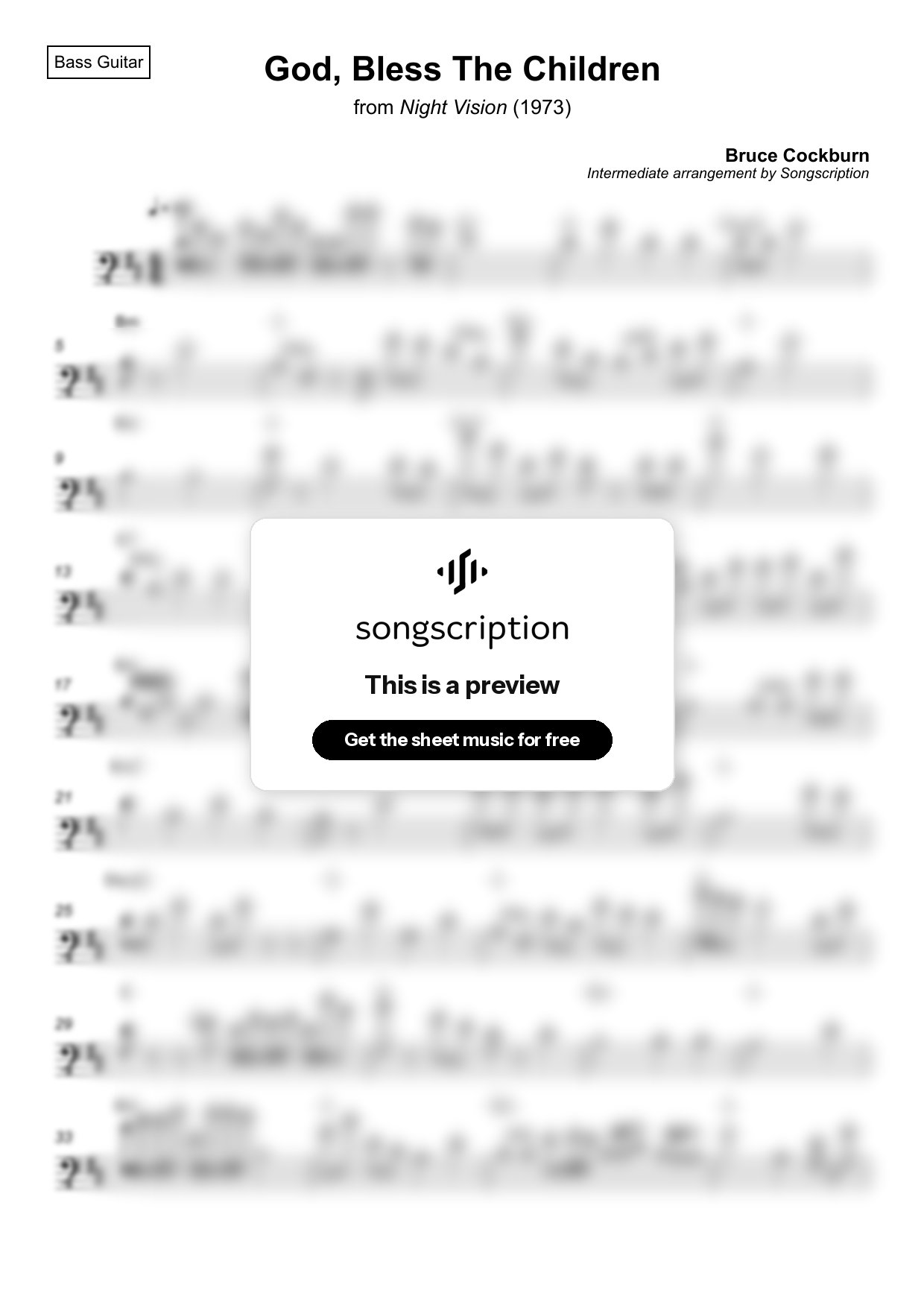 Intermediate Bass Guitar Sheet Music for "God, Bless The Children" by Bruce Cockburn