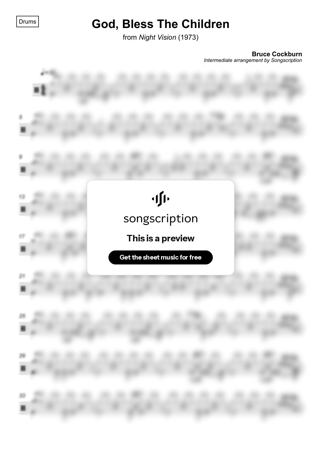 Intermediate Drums Sheet Music for "God, Bless The Children" by Bruce Cockburn