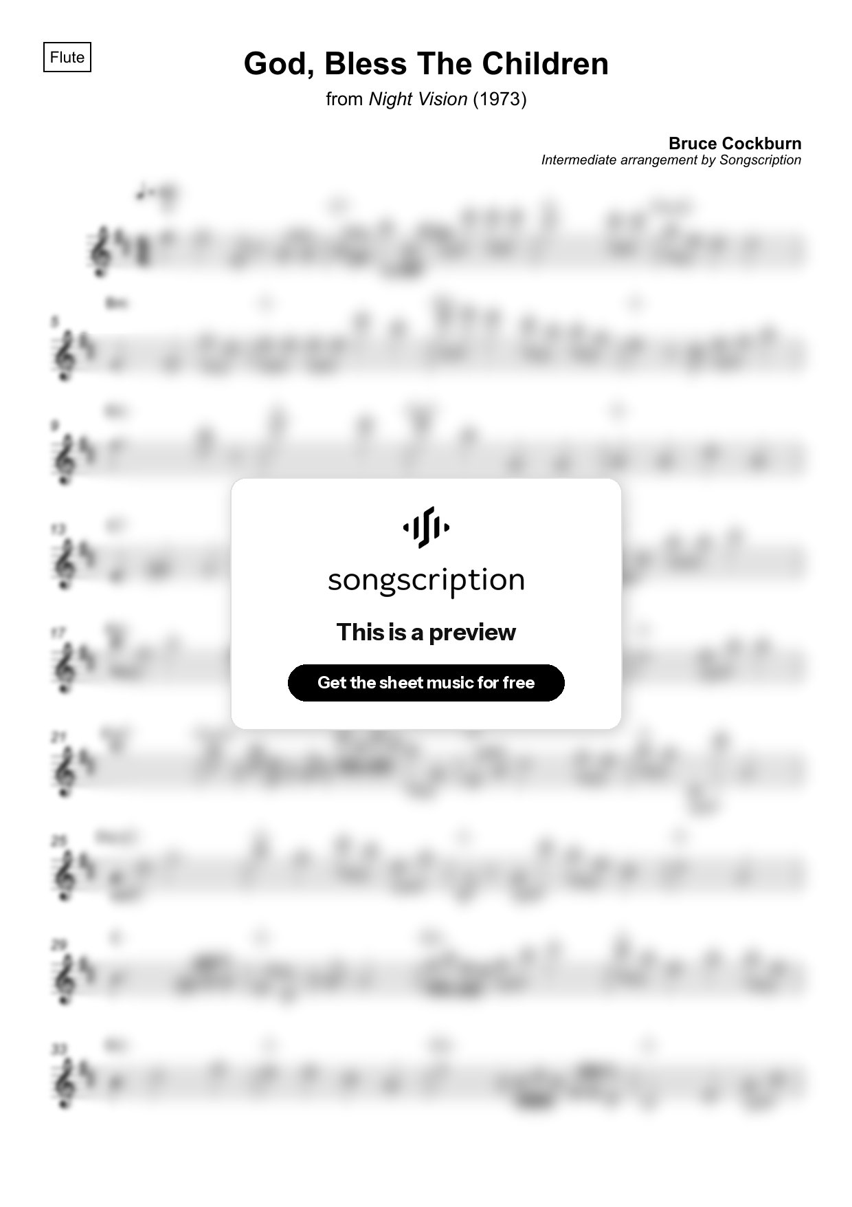 Intermediate Flute Sheet Music for "God, Bless The Children" by Bruce Cockburn