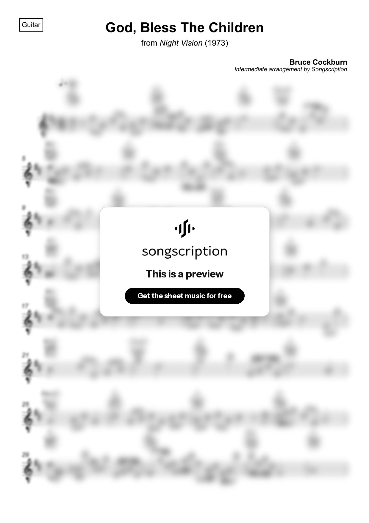 Intermediate Acoustic Guitar Sheet Music for "God, Bless The Children" by Bruce Cockburn