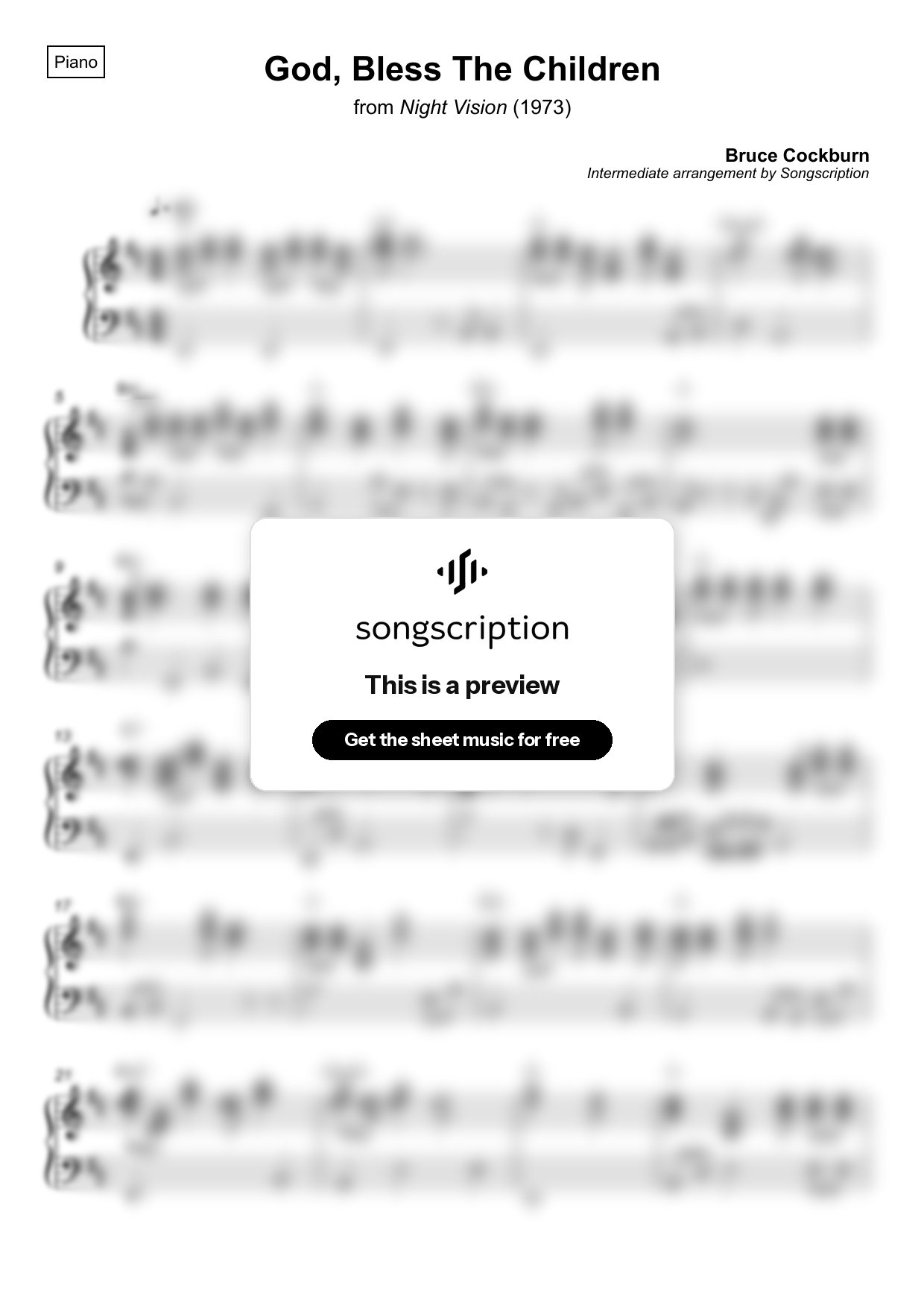 Intermediate Piano Sheet Music for "God, Bless The Children" by Bruce Cockburn