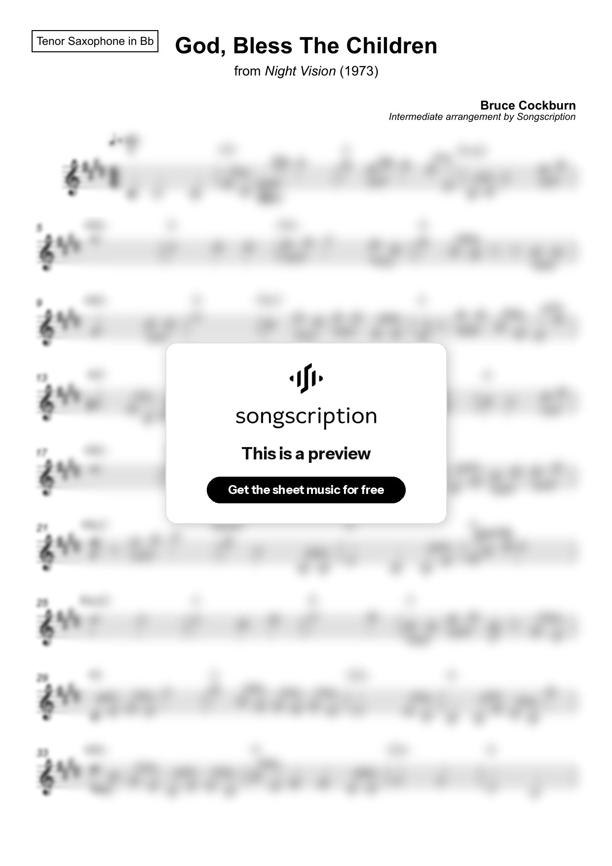 Intermediate Tenor Sax Sheet Music for "God, Bless The Children" by Bruce Cockburn