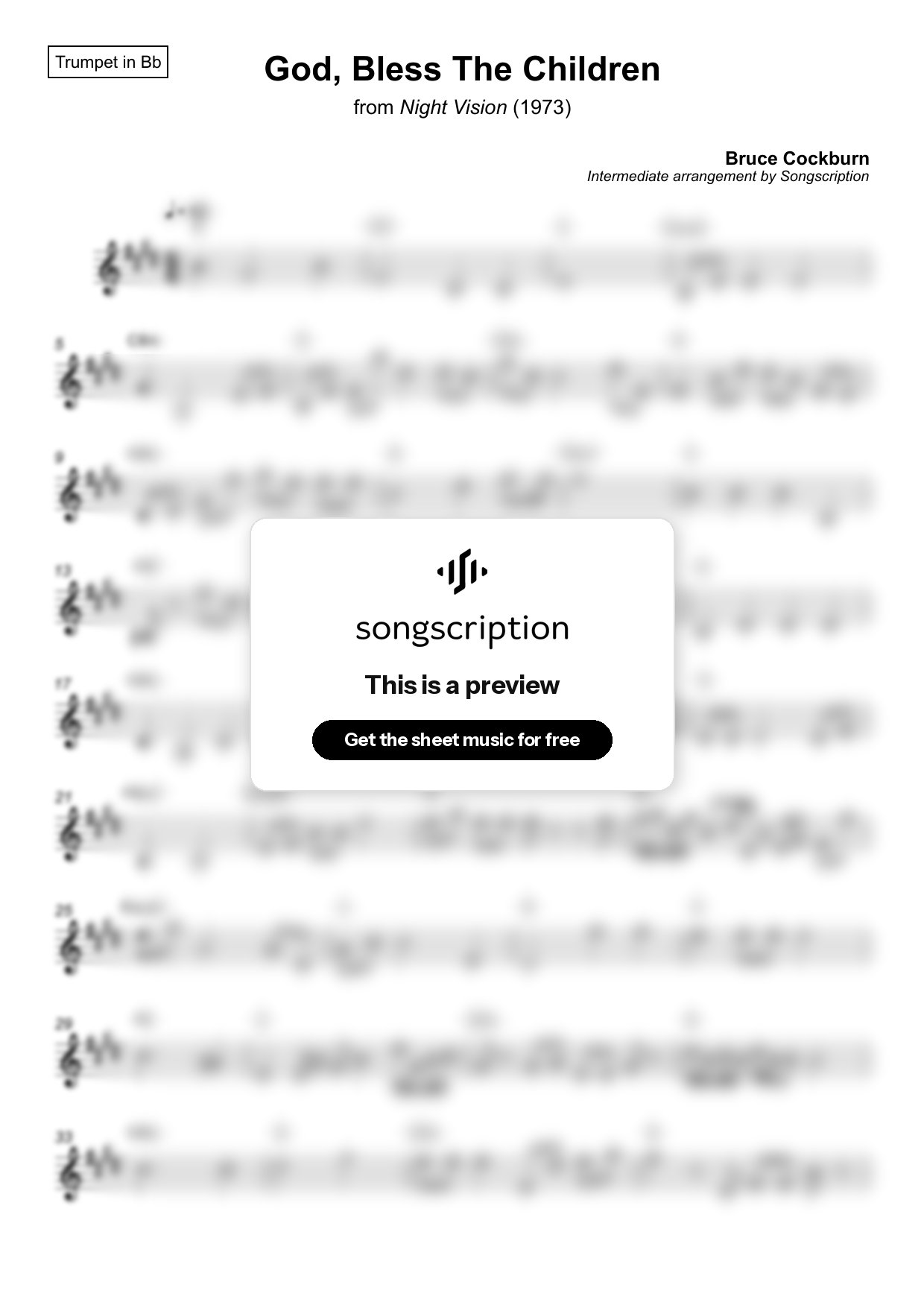 Intermediate Trumpet Sheet Music for "God, Bless The Children" by Bruce Cockburn