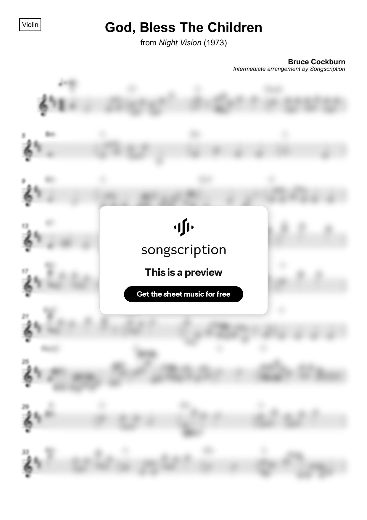 Intermediate Violin Sheet Music for "God, Bless The Children" by Bruce Cockburn
