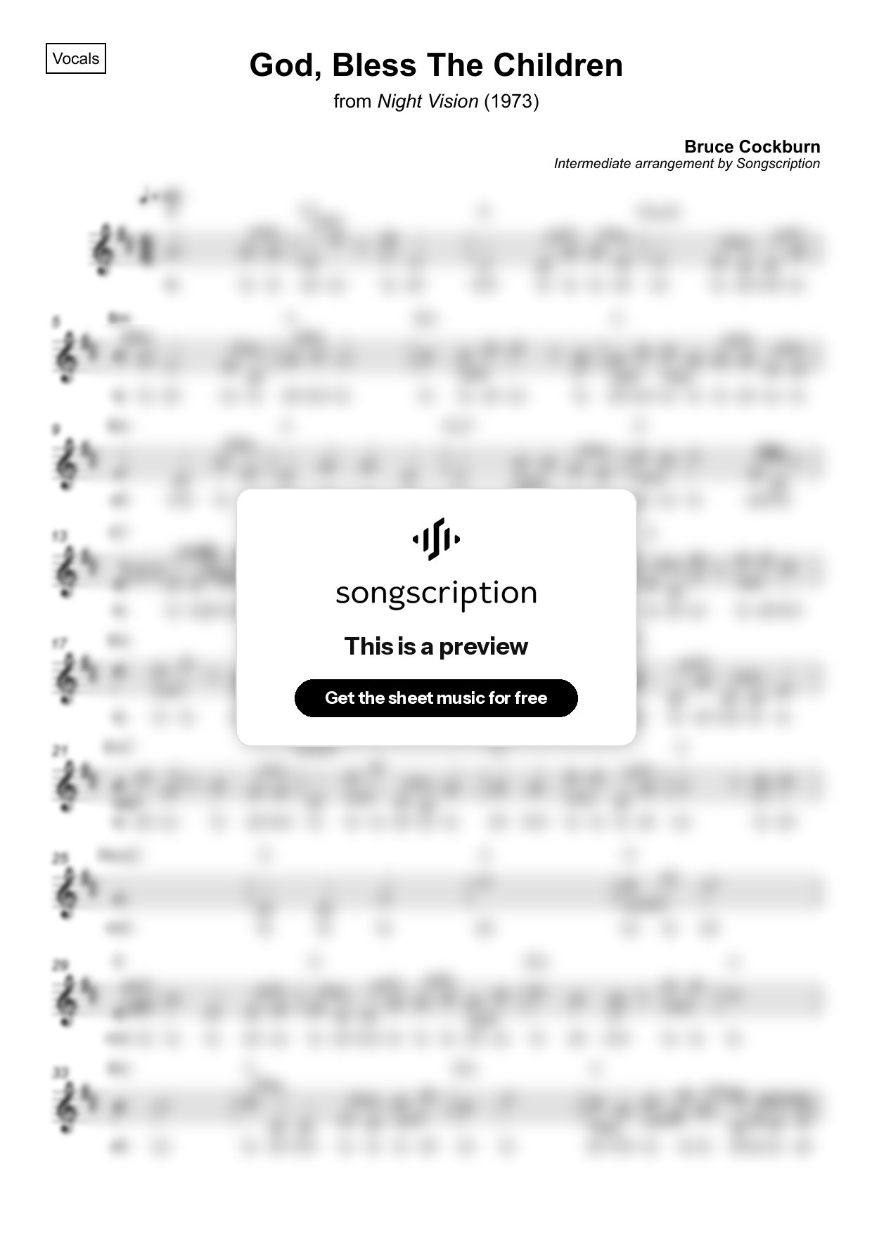 Intermediate Vocals Sheet Music for "God, Bless The Children" by Bruce Cockburn