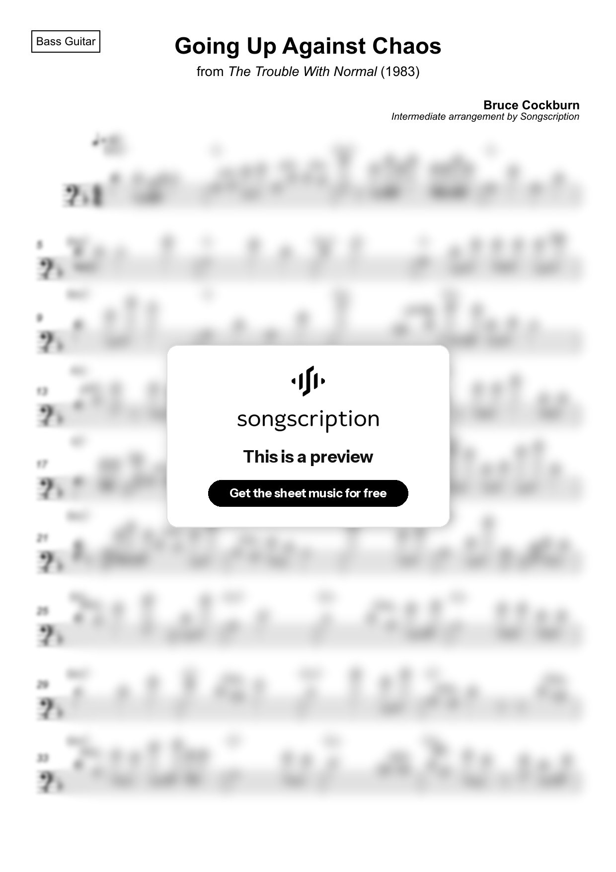 Intermediate Bass Guitar Sheet Music for "Going Up Against Chaos" by Bruce Cockburn