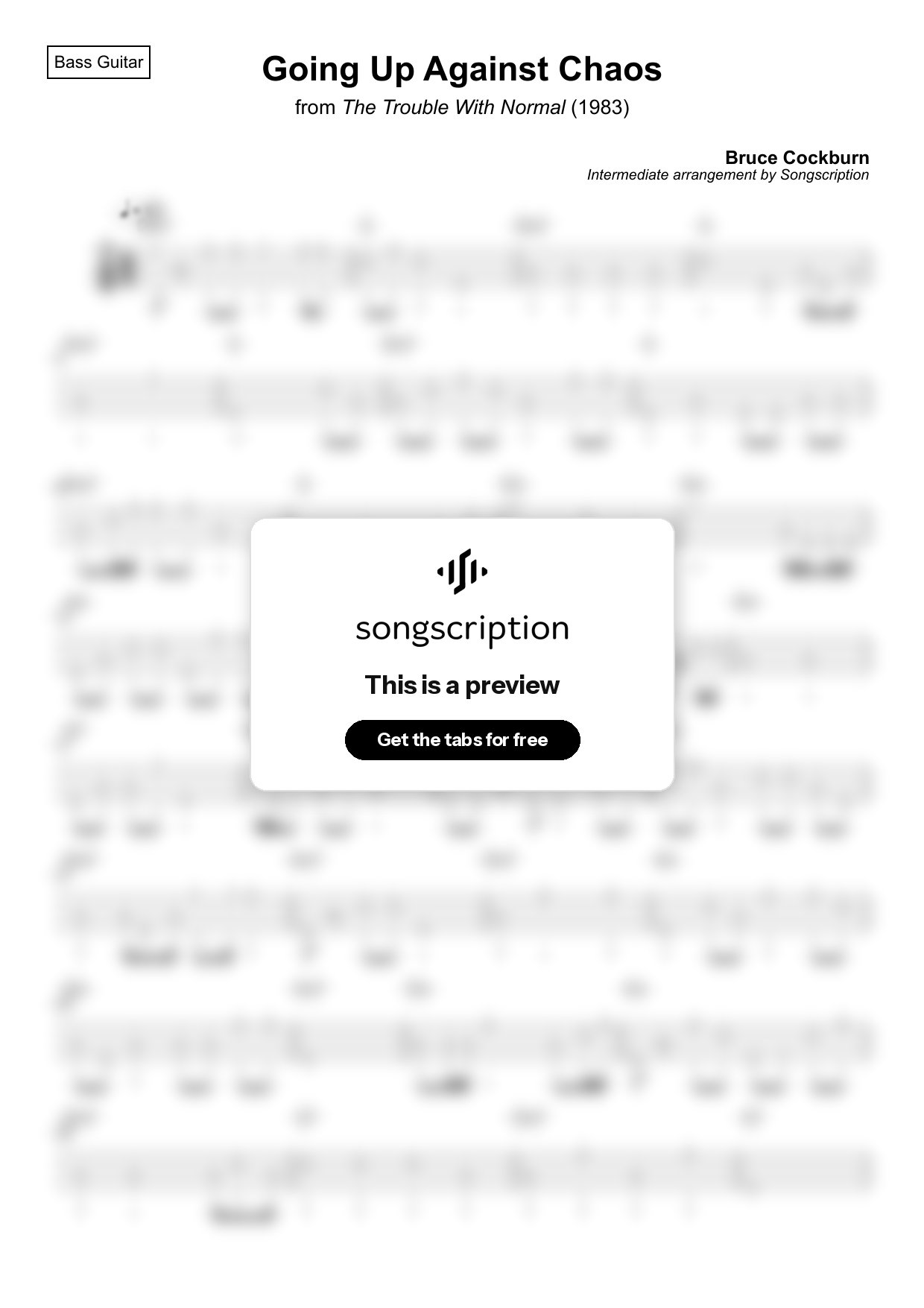 Intermediate Bass Guitar Tabs for "Going Up Against Chaos" by Bruce Cockburn