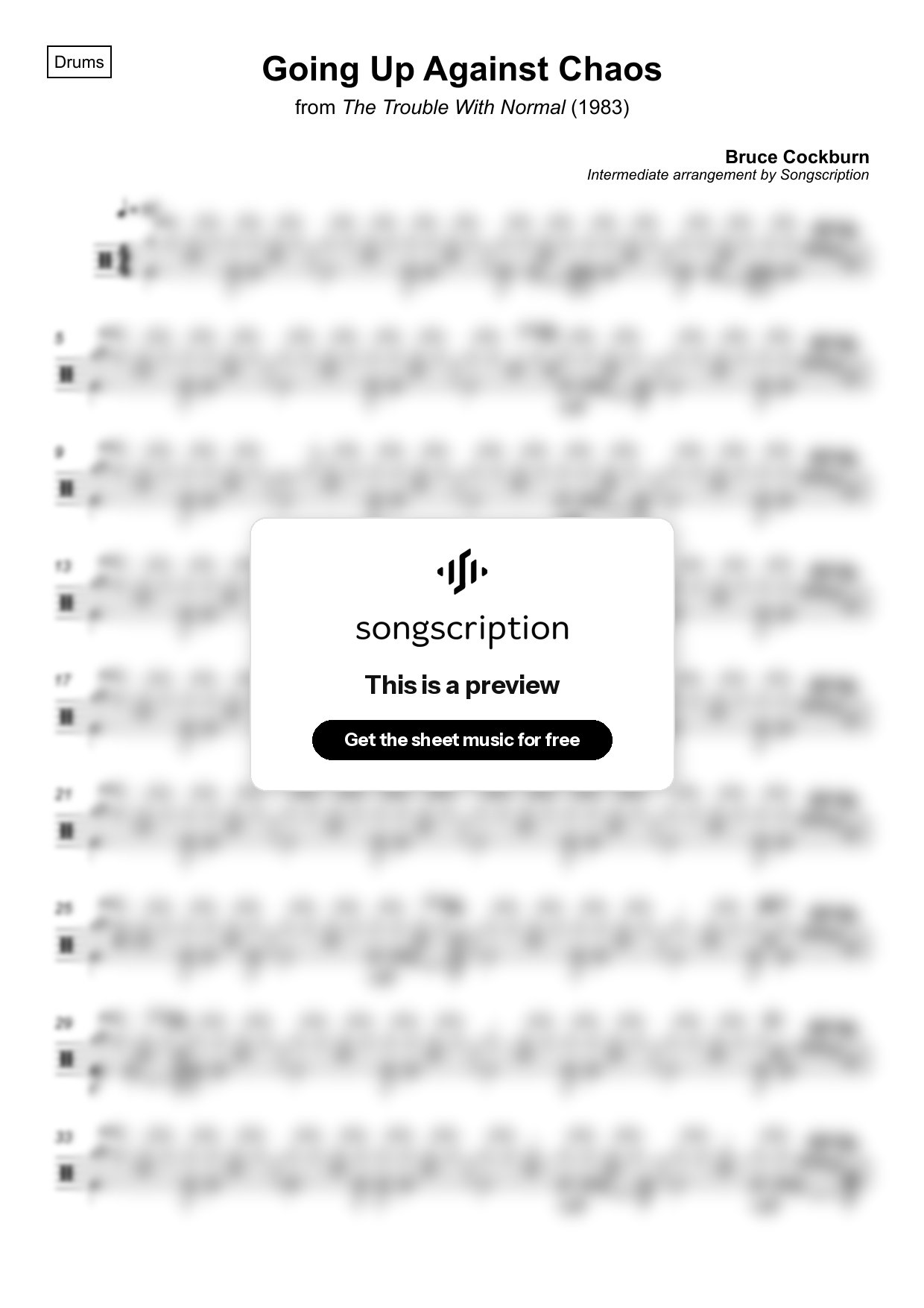 Intermediate Drums Sheet Music for "Going Up Against Chaos" by Bruce Cockburn