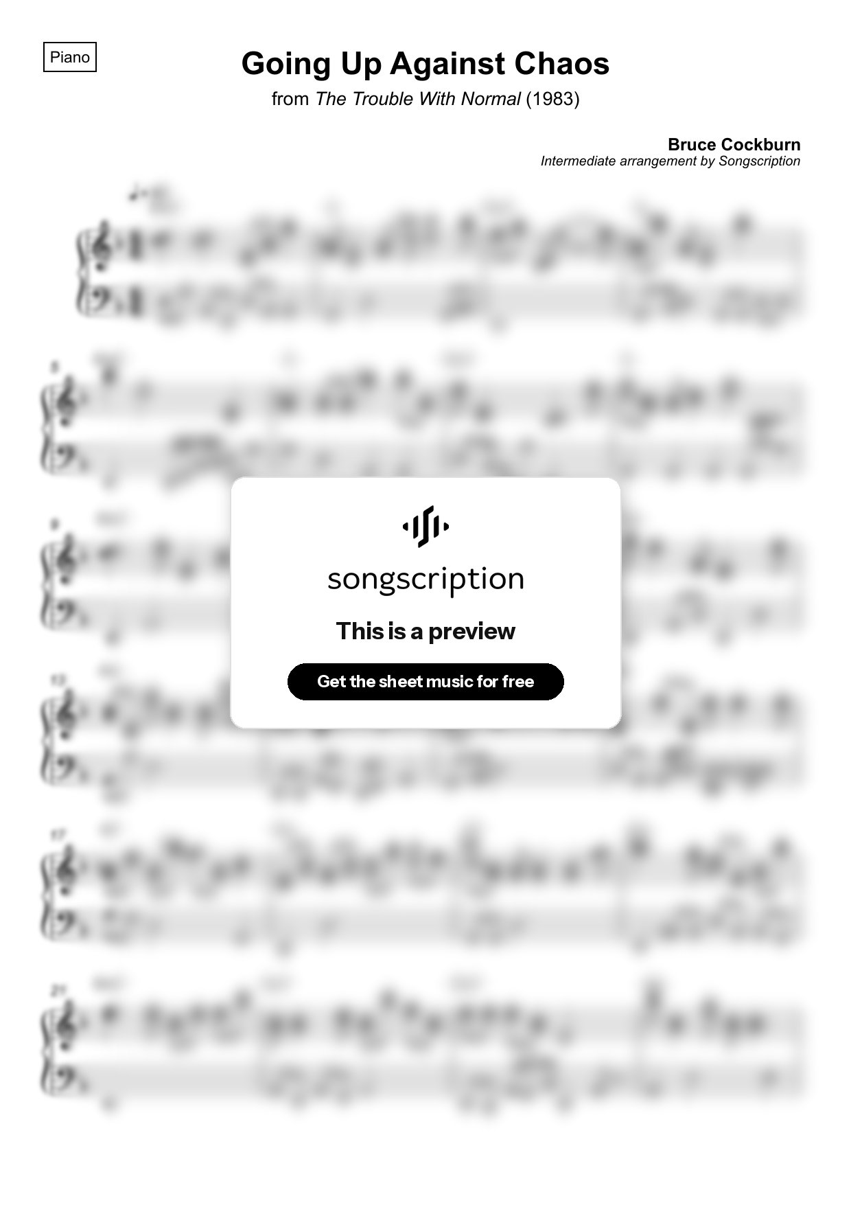 Intermediate Piano Sheet Music for "Going Up Against Chaos" by Bruce Cockburn