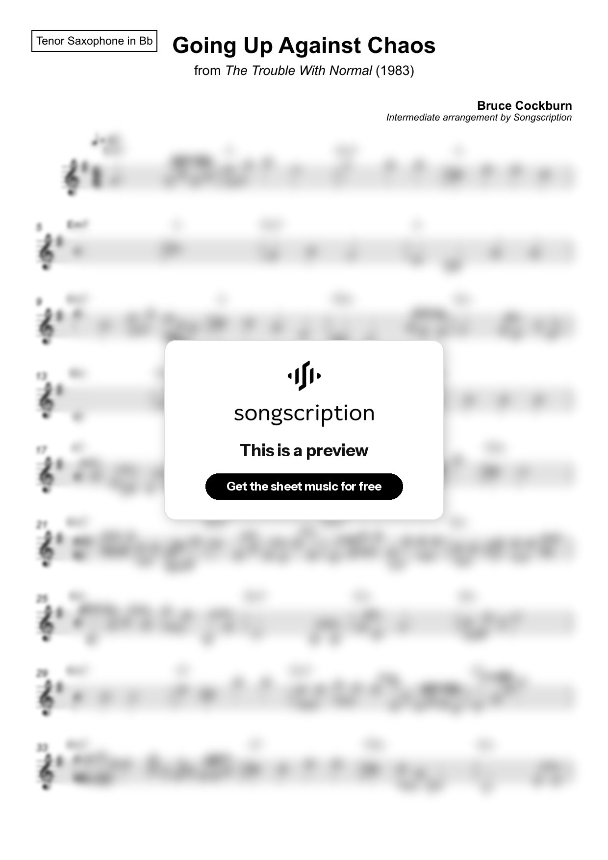 Intermediate Tenor Sax Sheet Music for "Going Up Against Chaos" by Bruce Cockburn