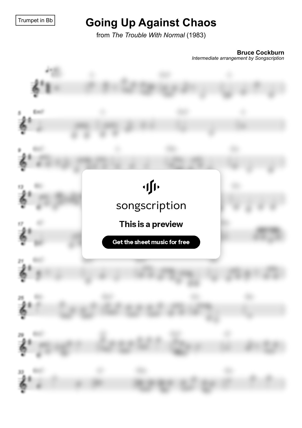 Intermediate Trumpet Sheet Music for "Going Up Against Chaos" by Bruce Cockburn