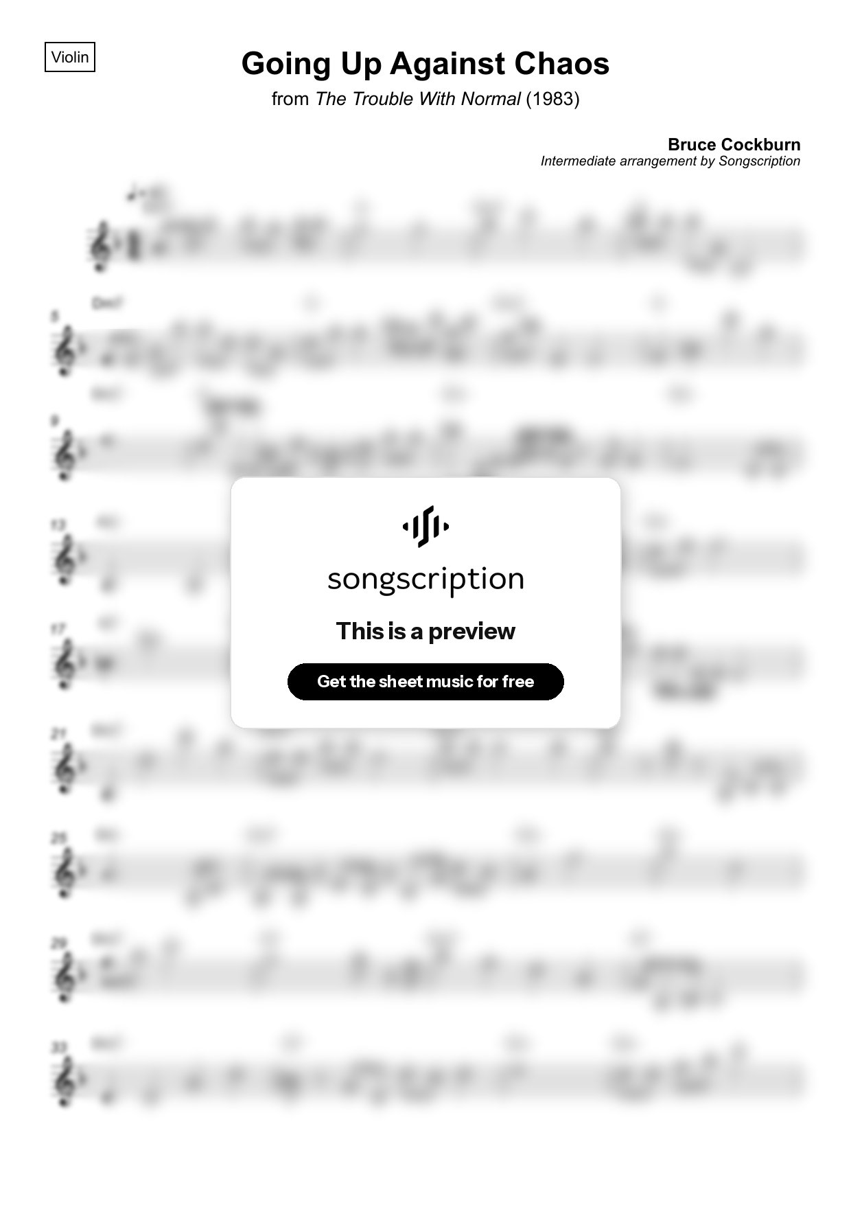 Intermediate Violin Sheet Music for "Going Up Against Chaos" by Bruce Cockburn