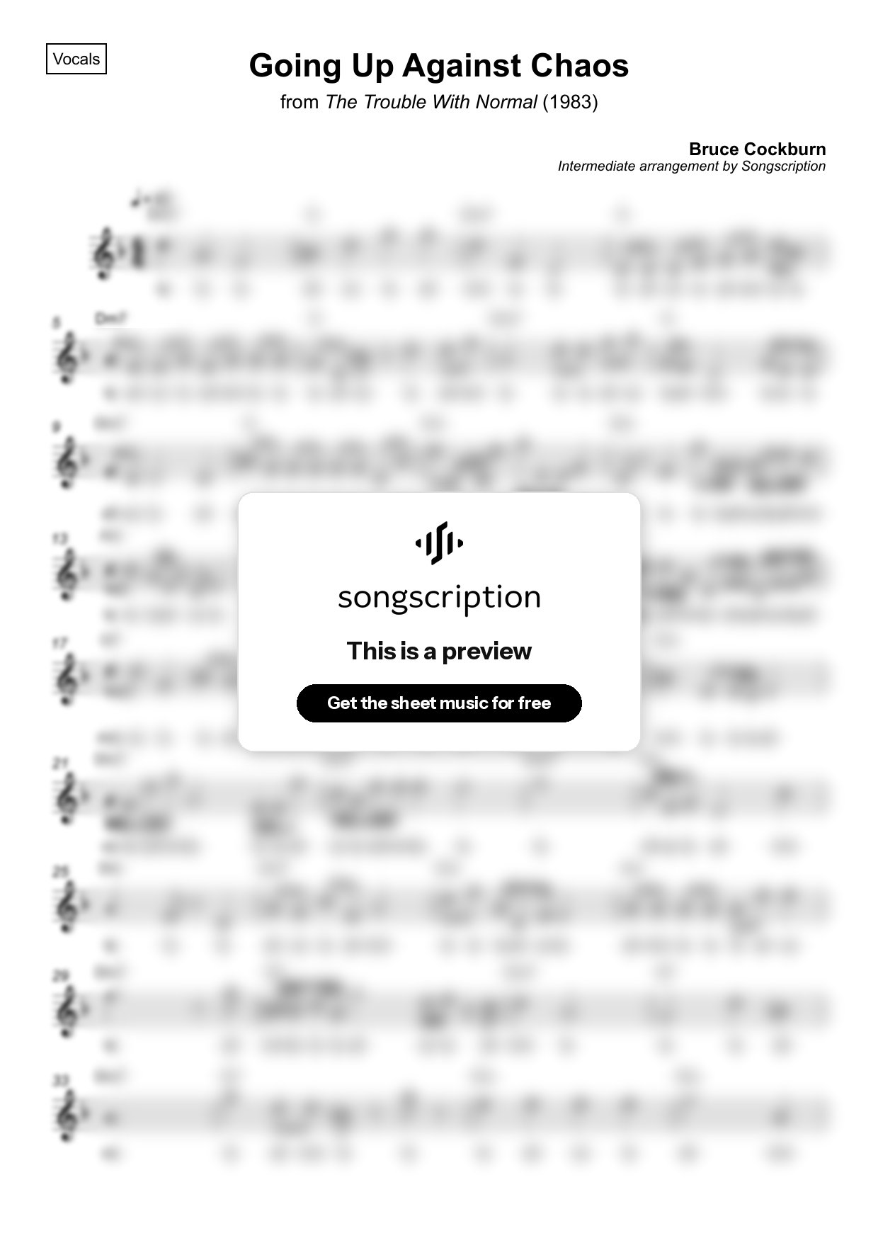 Intermediate Vocals Sheet Music for "Going Up Against Chaos" by Bruce Cockburn