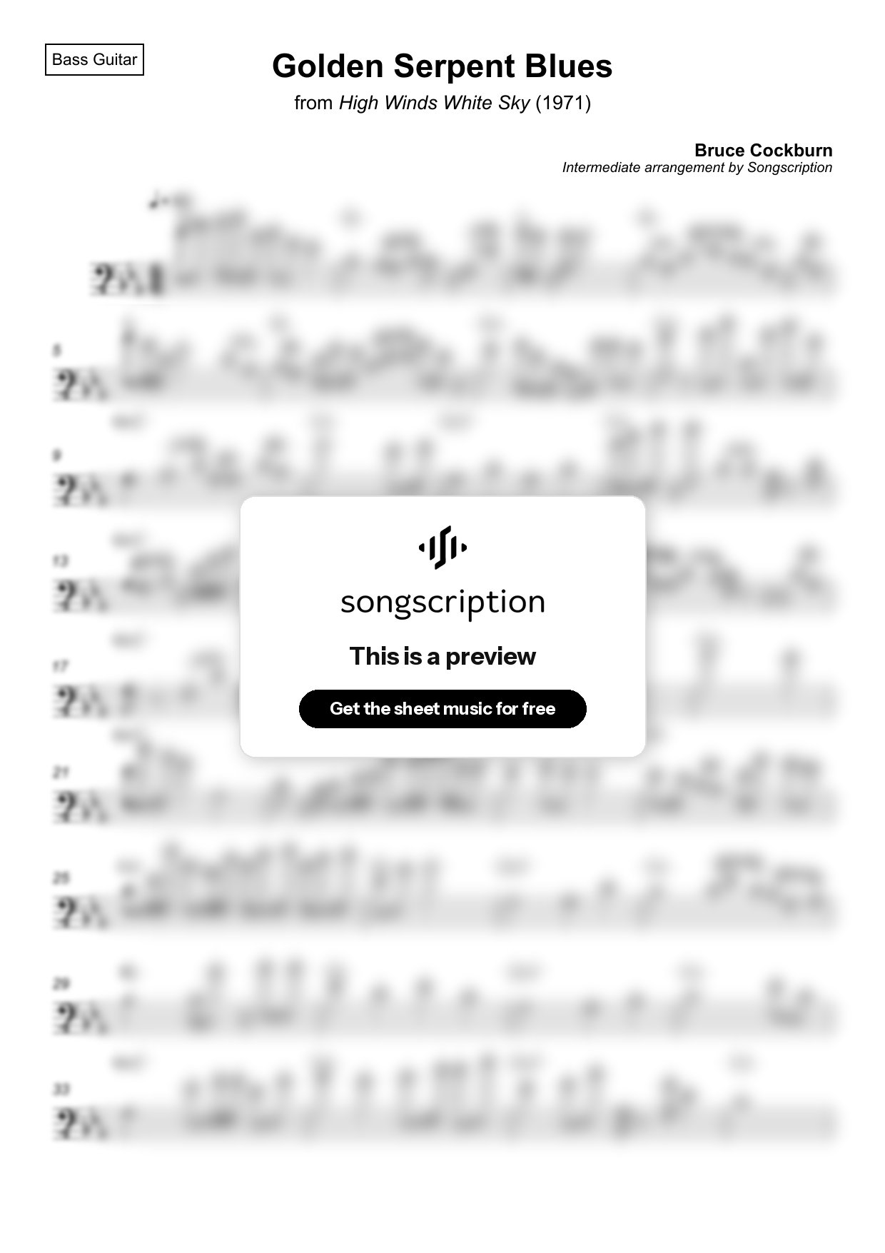 Intermediate Bass Guitar Sheet Music for "Golden Serpent Blues" by Bruce Cockburn