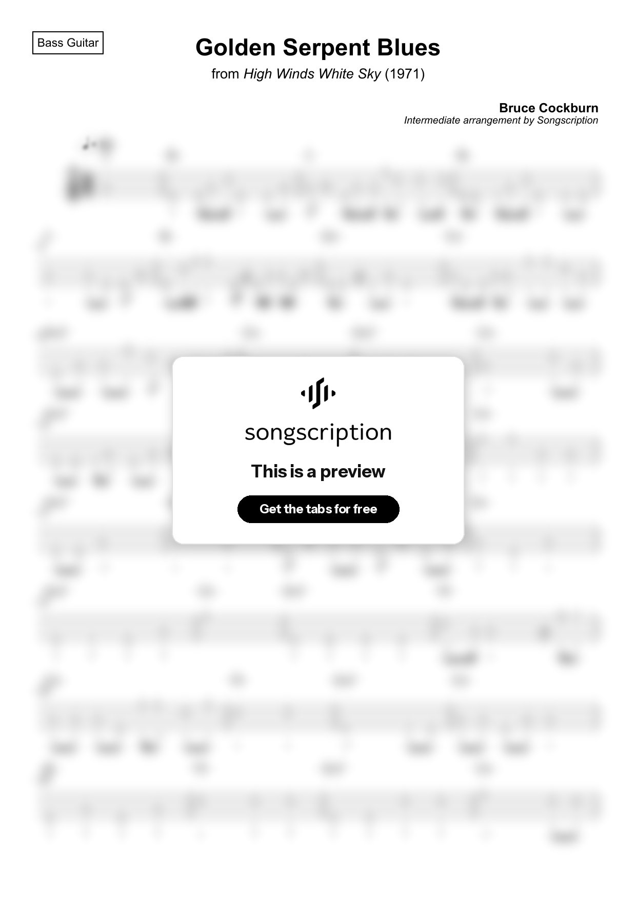 Intermediate Bass Guitar Tabs for "Golden Serpent Blues" by Bruce Cockburn
