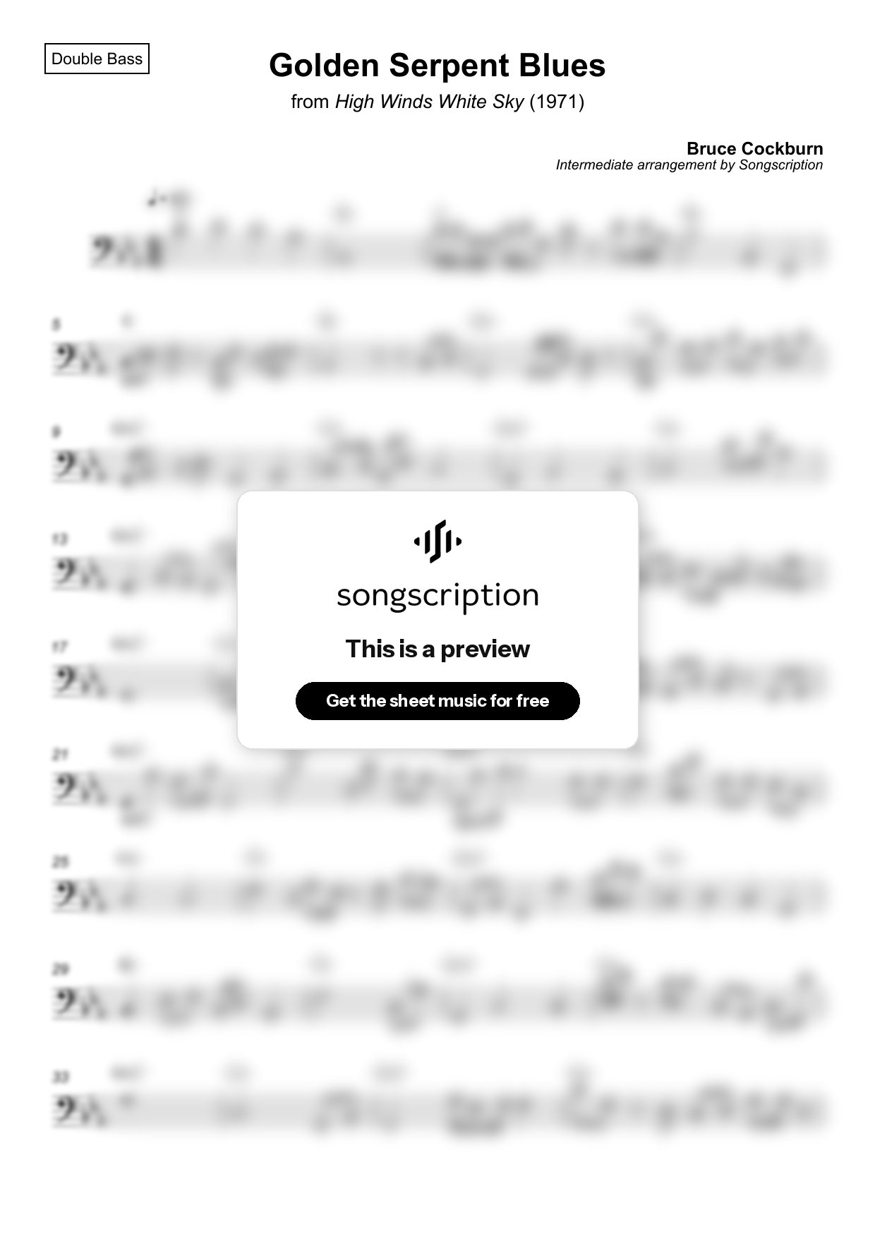 Intermediate Double Bass Sheet Music for "Golden Serpent Blues" by Bruce Cockburn