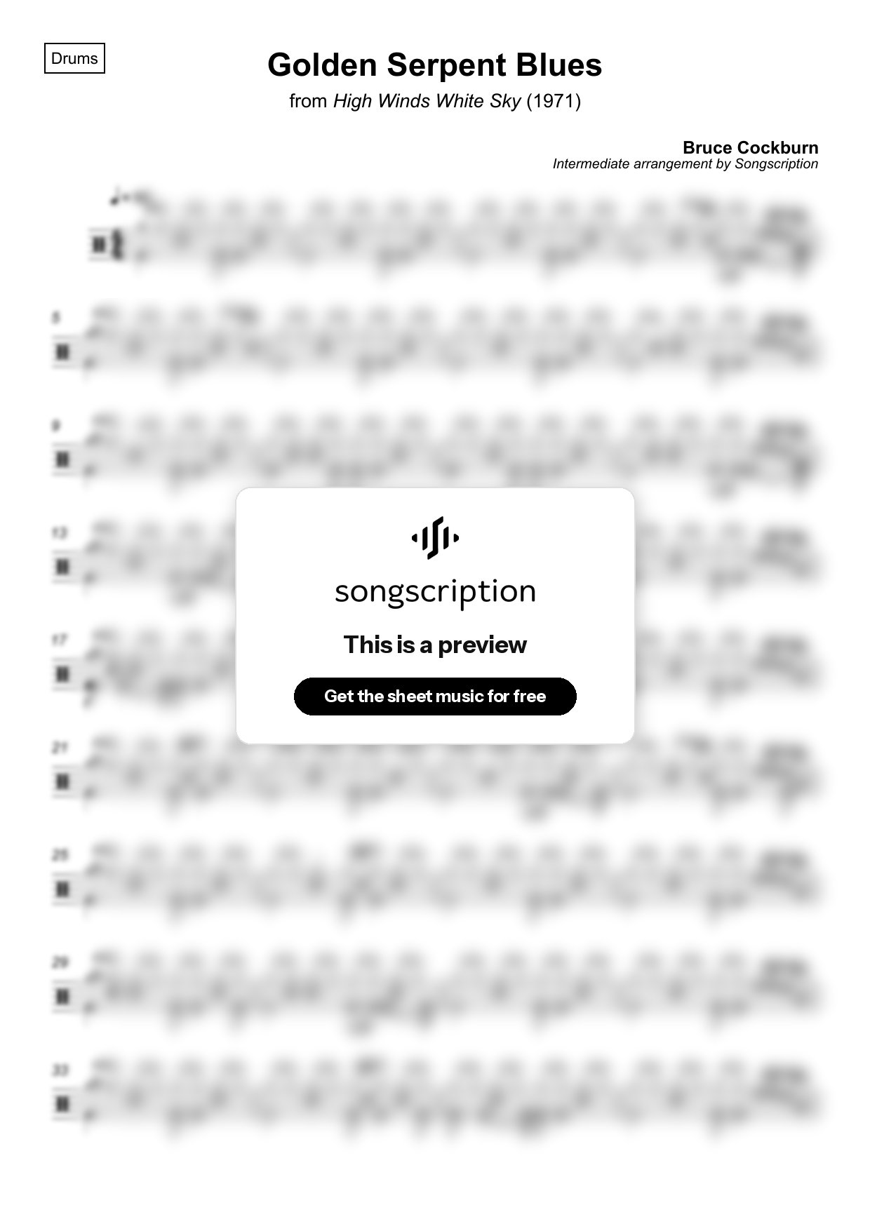 Intermediate Drums Sheet Music for "Golden Serpent Blues" by Bruce Cockburn