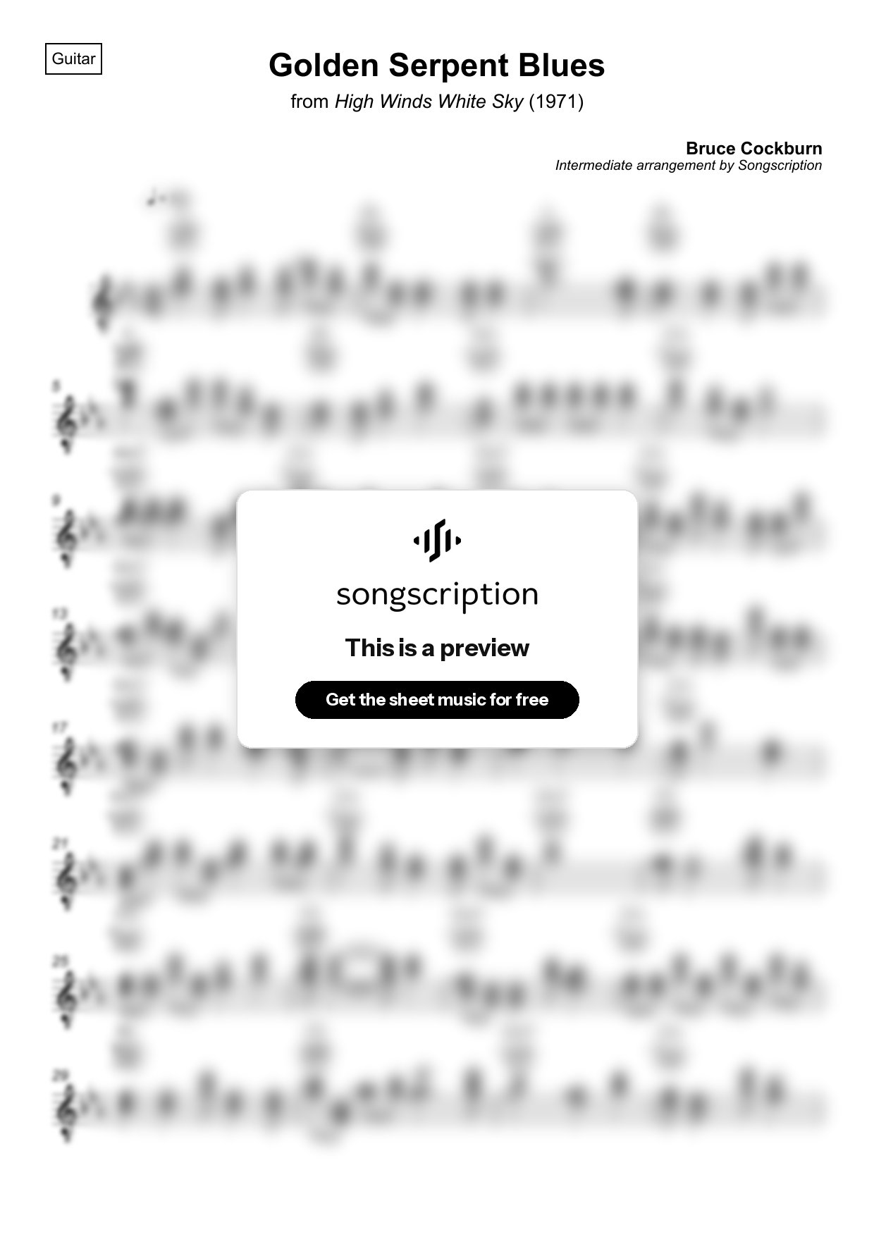 Intermediate Acoustic Guitar Sheet Music for "Golden Serpent Blues" by Bruce Cockburn