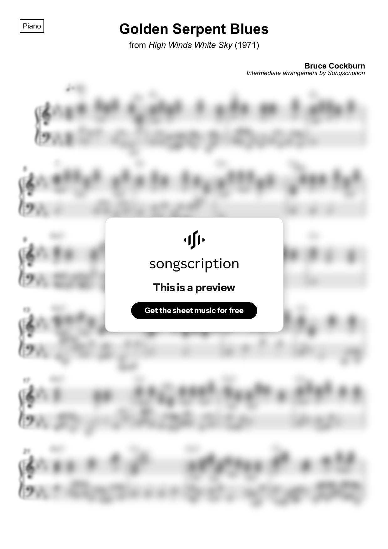 Intermediate Piano Sheet Music for "Golden Serpent Blues" by Bruce Cockburn
