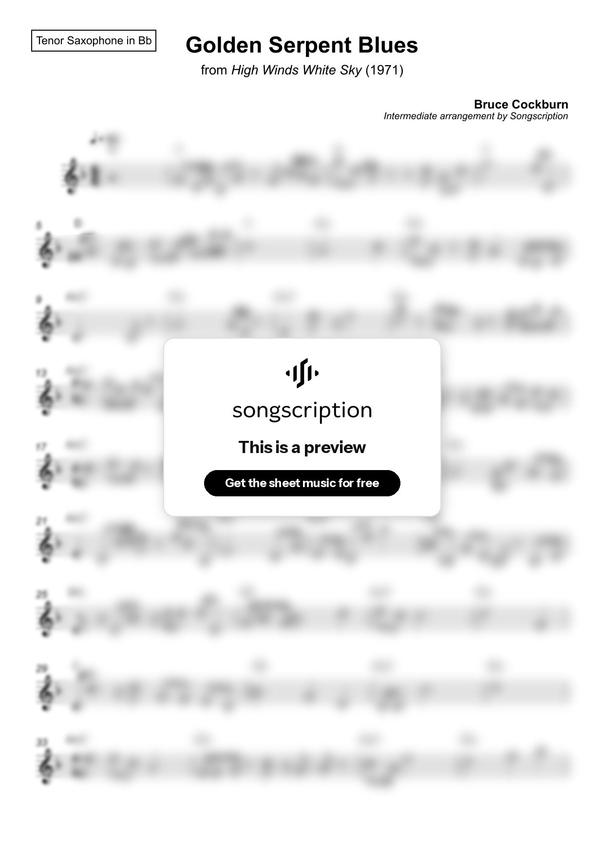 Intermediate Tenor Sax Sheet Music for "Golden Serpent Blues" by Bruce Cockburn