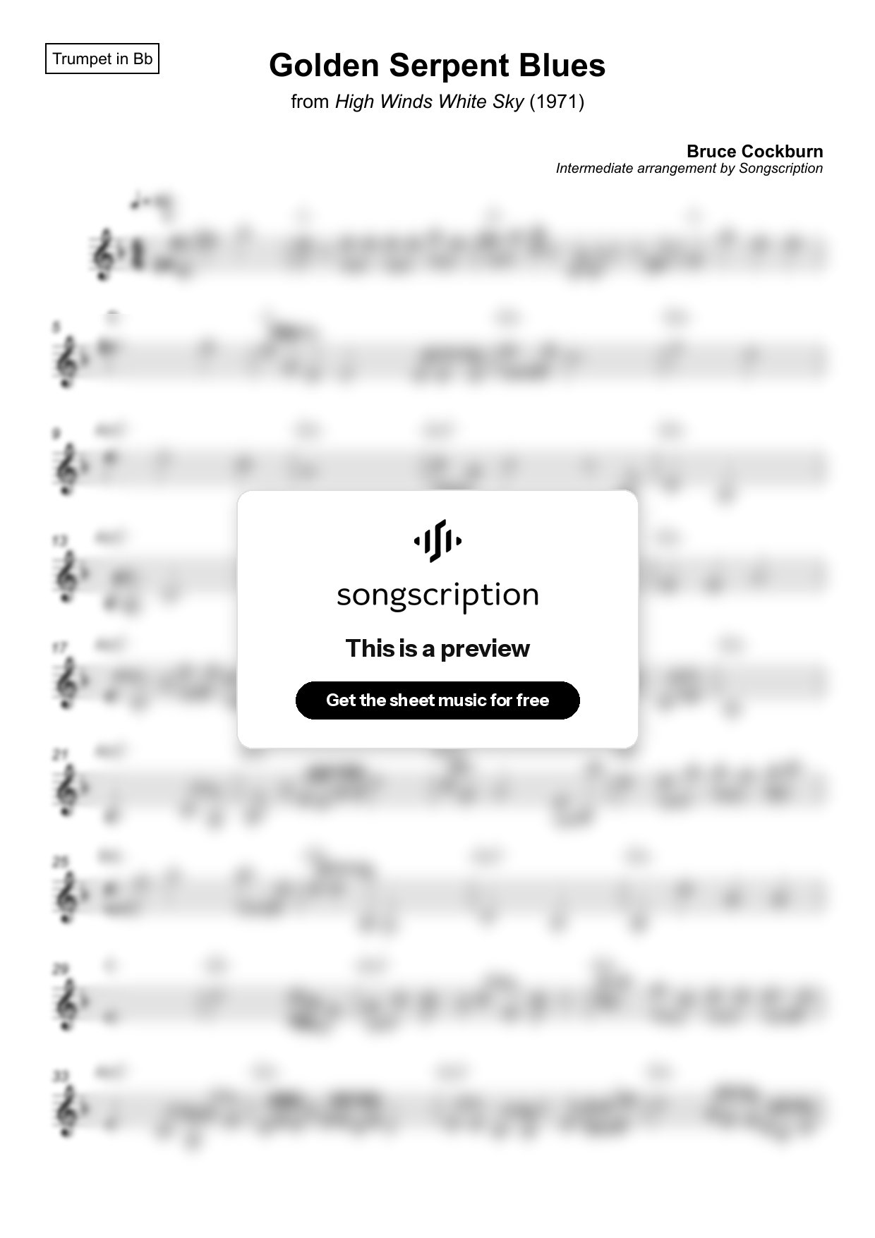Intermediate Trumpet Sheet Music for "Golden Serpent Blues" by Bruce Cockburn