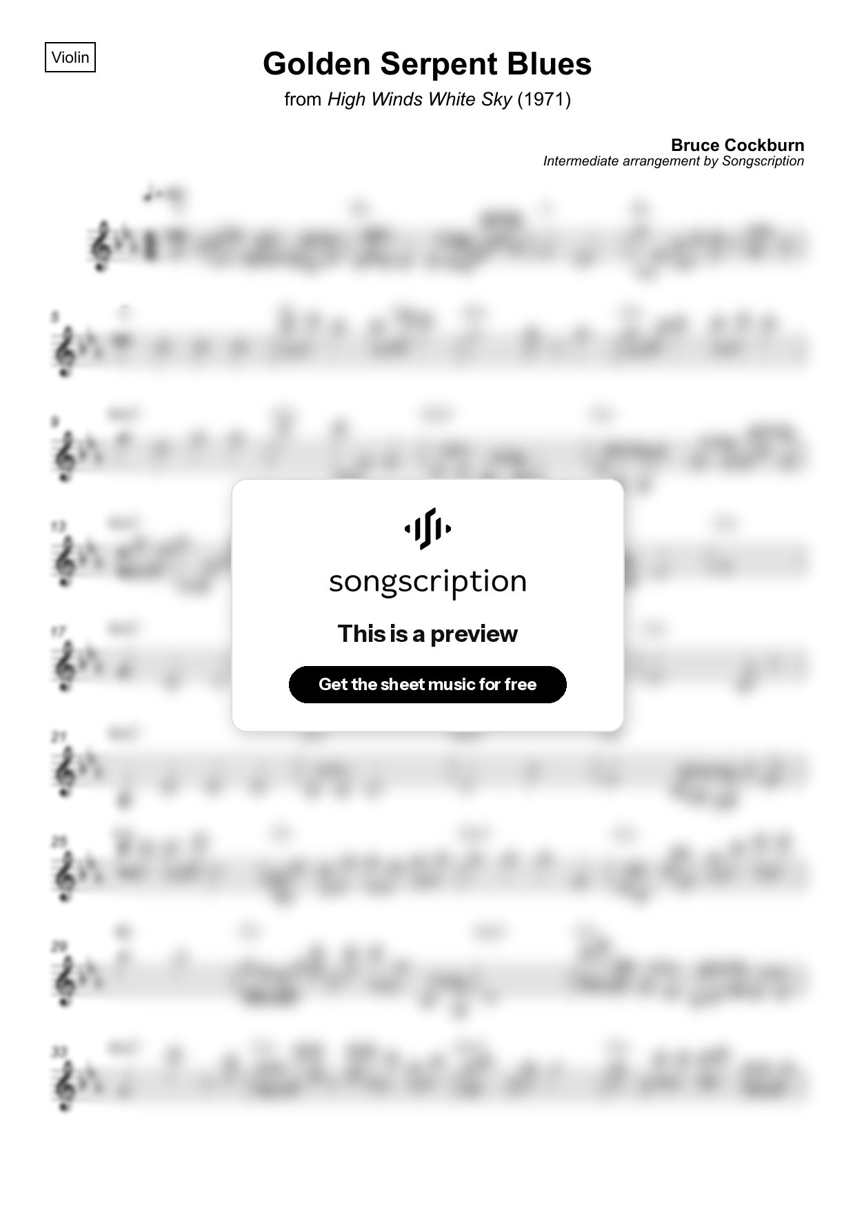Intermediate Violin Sheet Music for "Golden Serpent Blues" by Bruce Cockburn