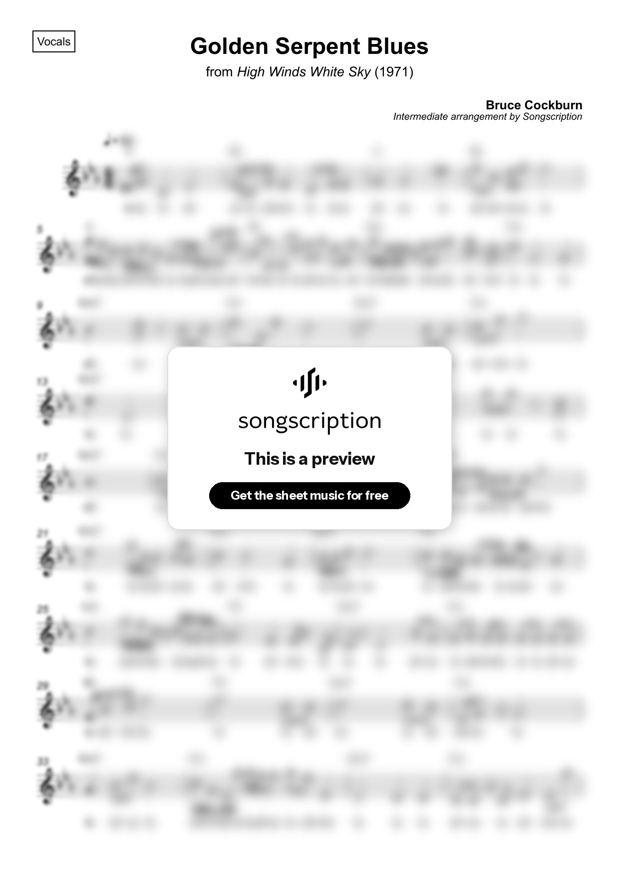 Intermediate Vocals Sheet Music for "Golden Serpent Blues" by Bruce Cockburn