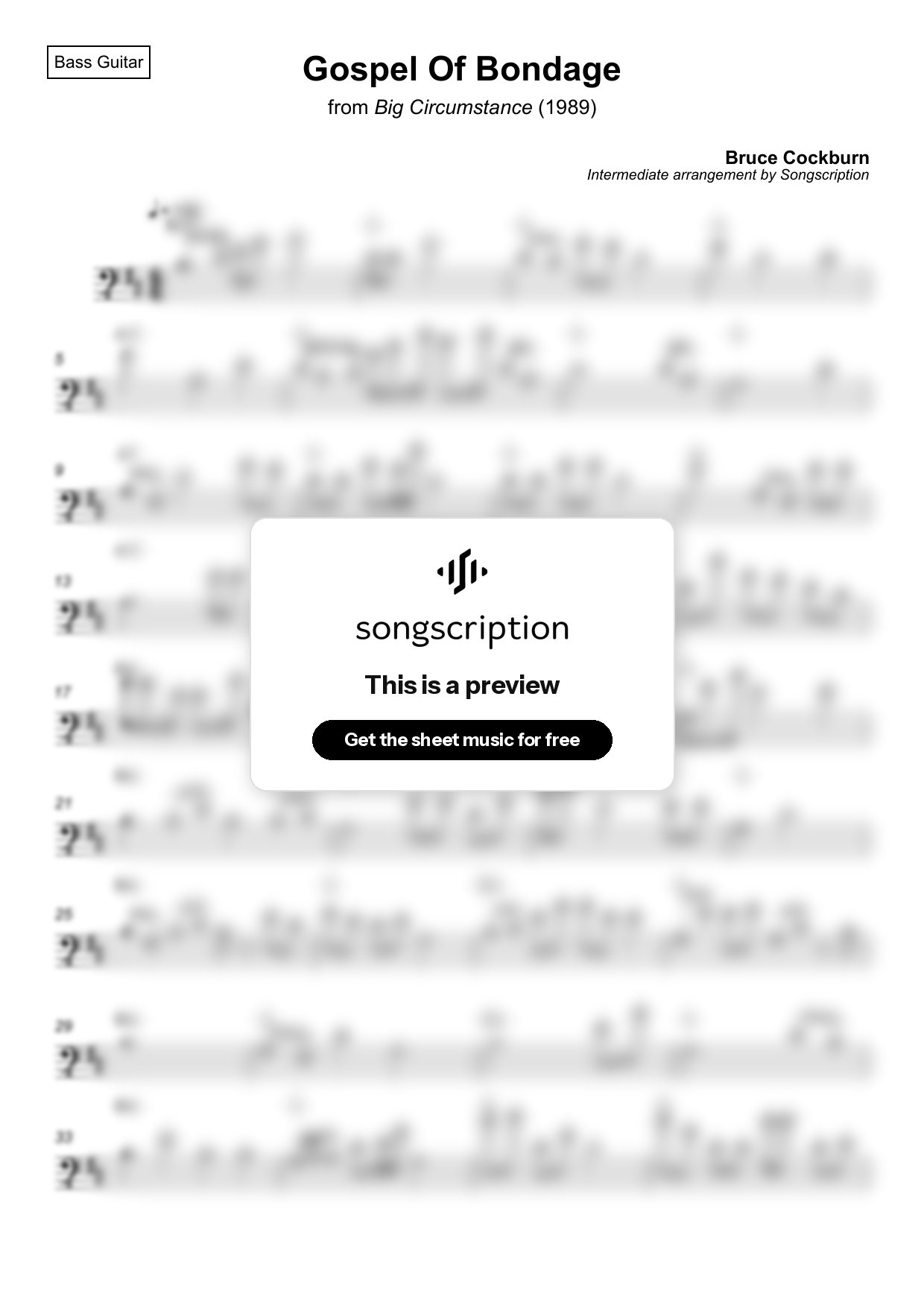 Intermediate Bass Guitar Sheet Music for "Gospel Of Bondage" by Bruce Cockburn