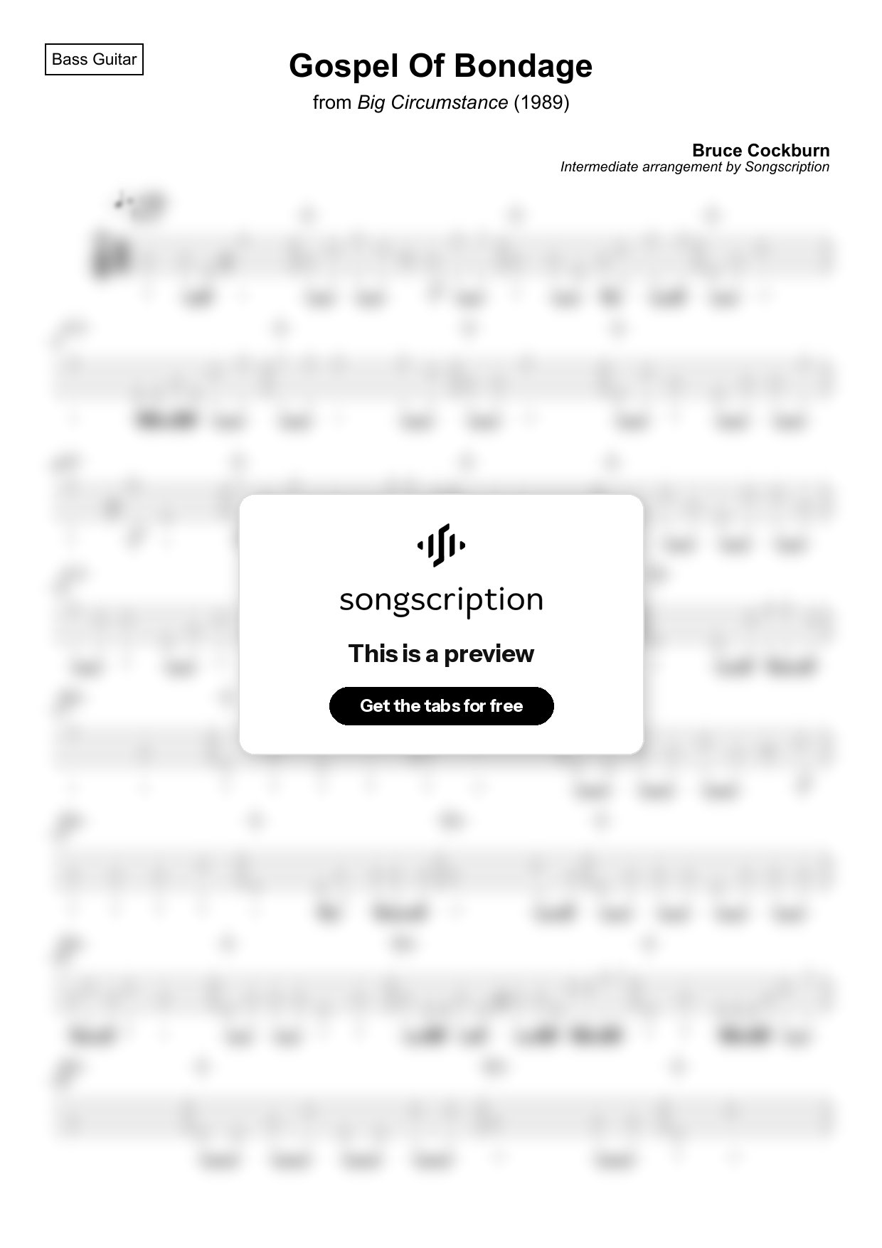 Intermediate Bass Guitar Tabs for "Gospel Of Bondage" by Bruce Cockburn