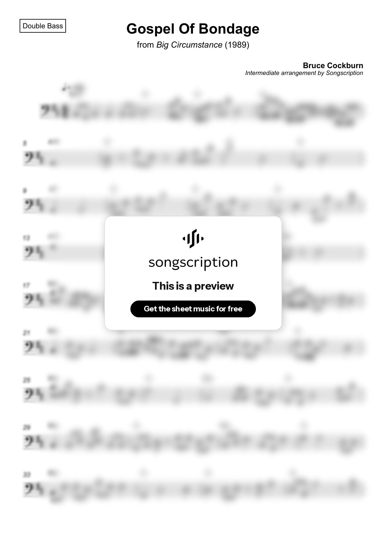 Intermediate Double Bass Sheet Music for "Gospel Of Bondage" by Bruce Cockburn