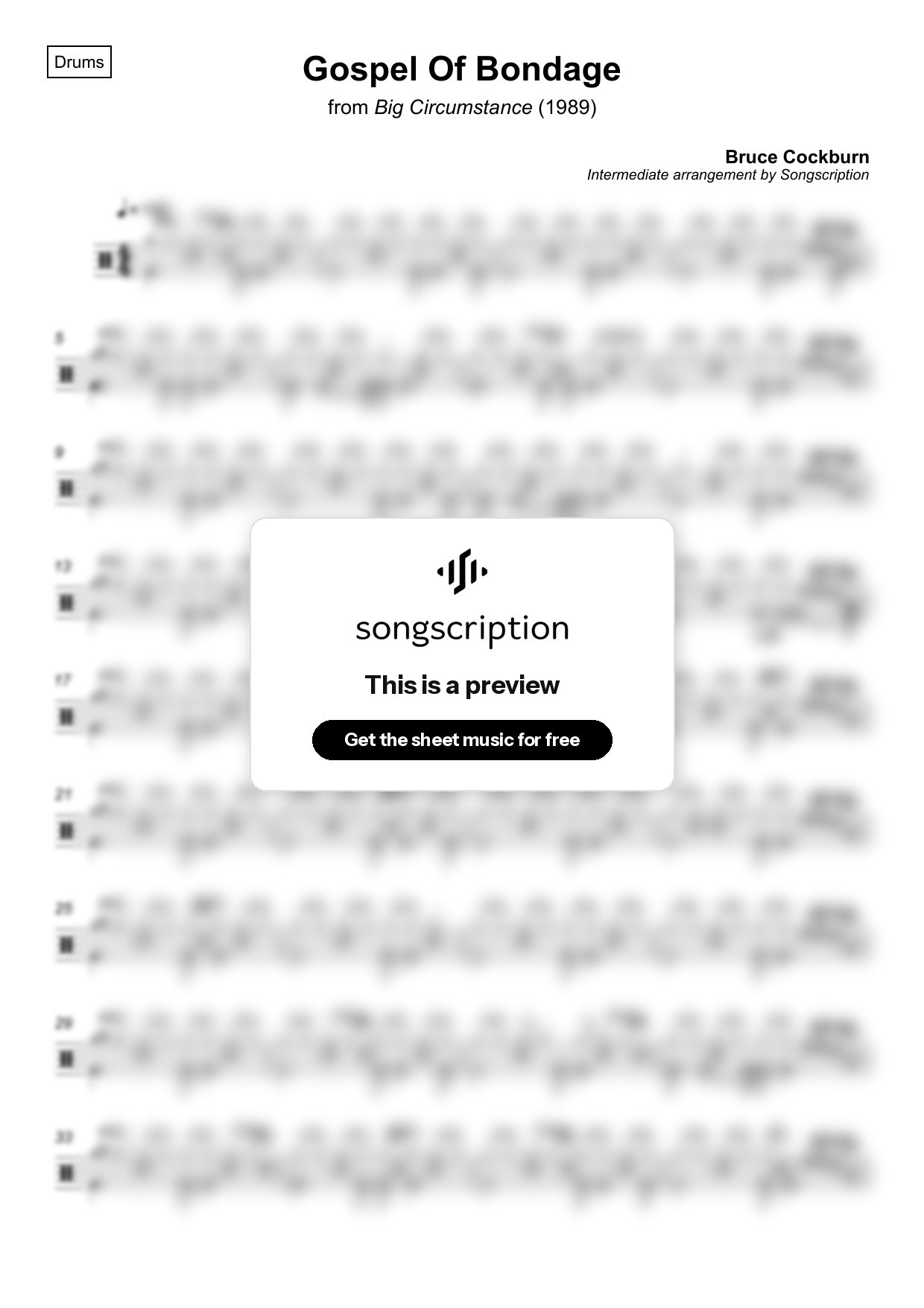 Intermediate Drums Sheet Music for "Gospel Of Bondage" by Bruce Cockburn