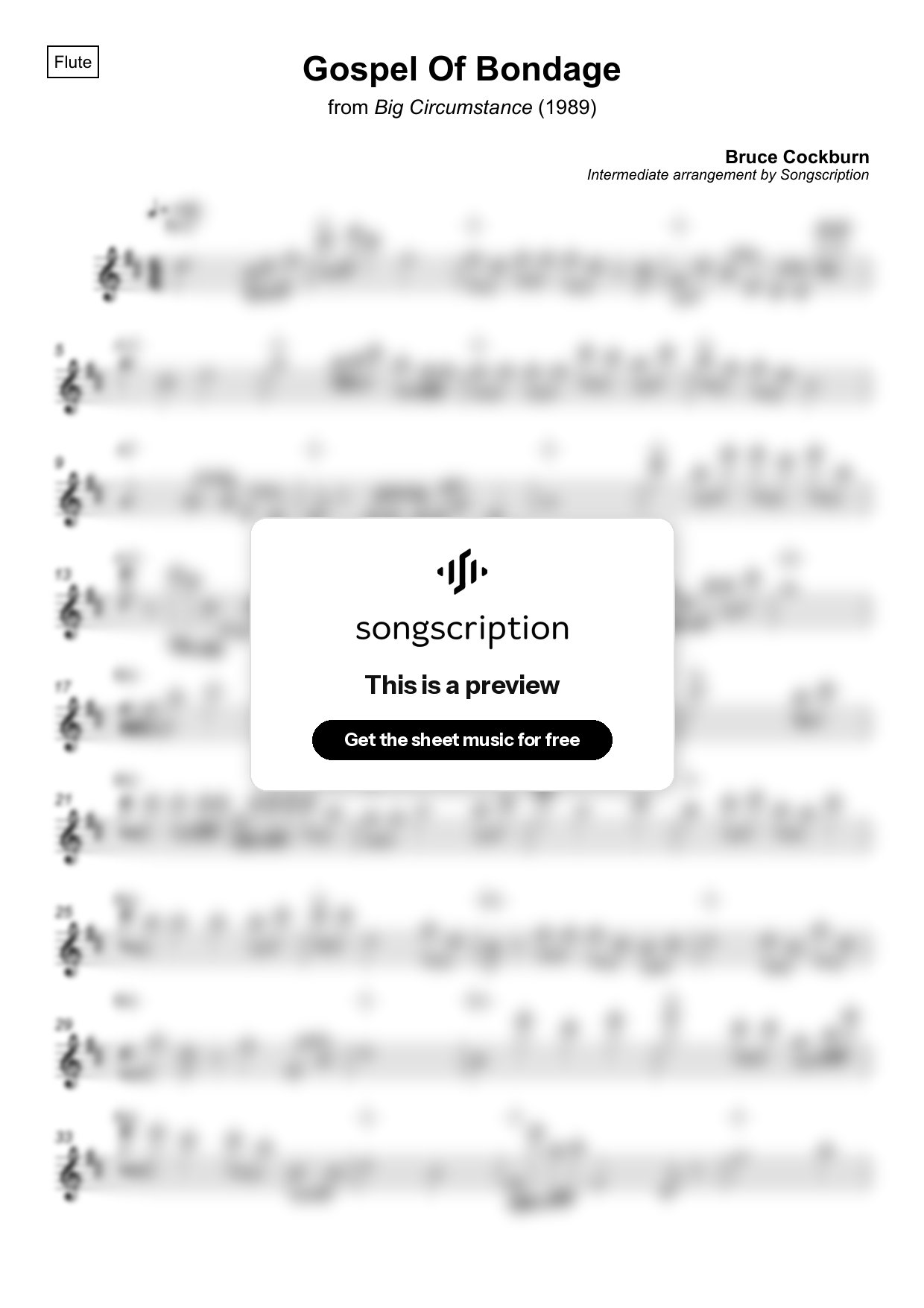 Intermediate Flute Sheet Music for "Gospel Of Bondage" by Bruce Cockburn