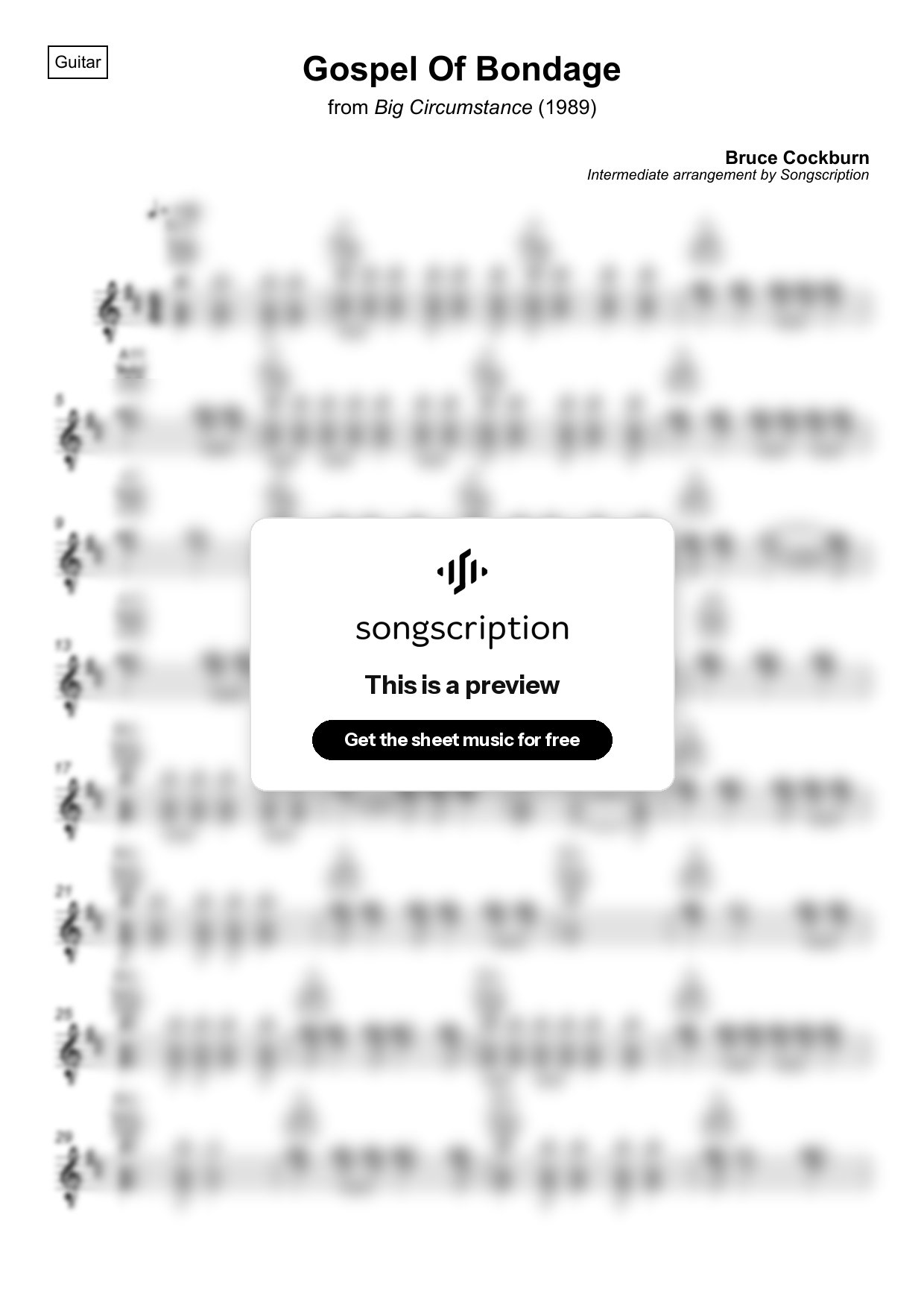 Intermediate Acoustic Guitar Sheet Music for "Gospel Of Bondage" by Bruce Cockburn