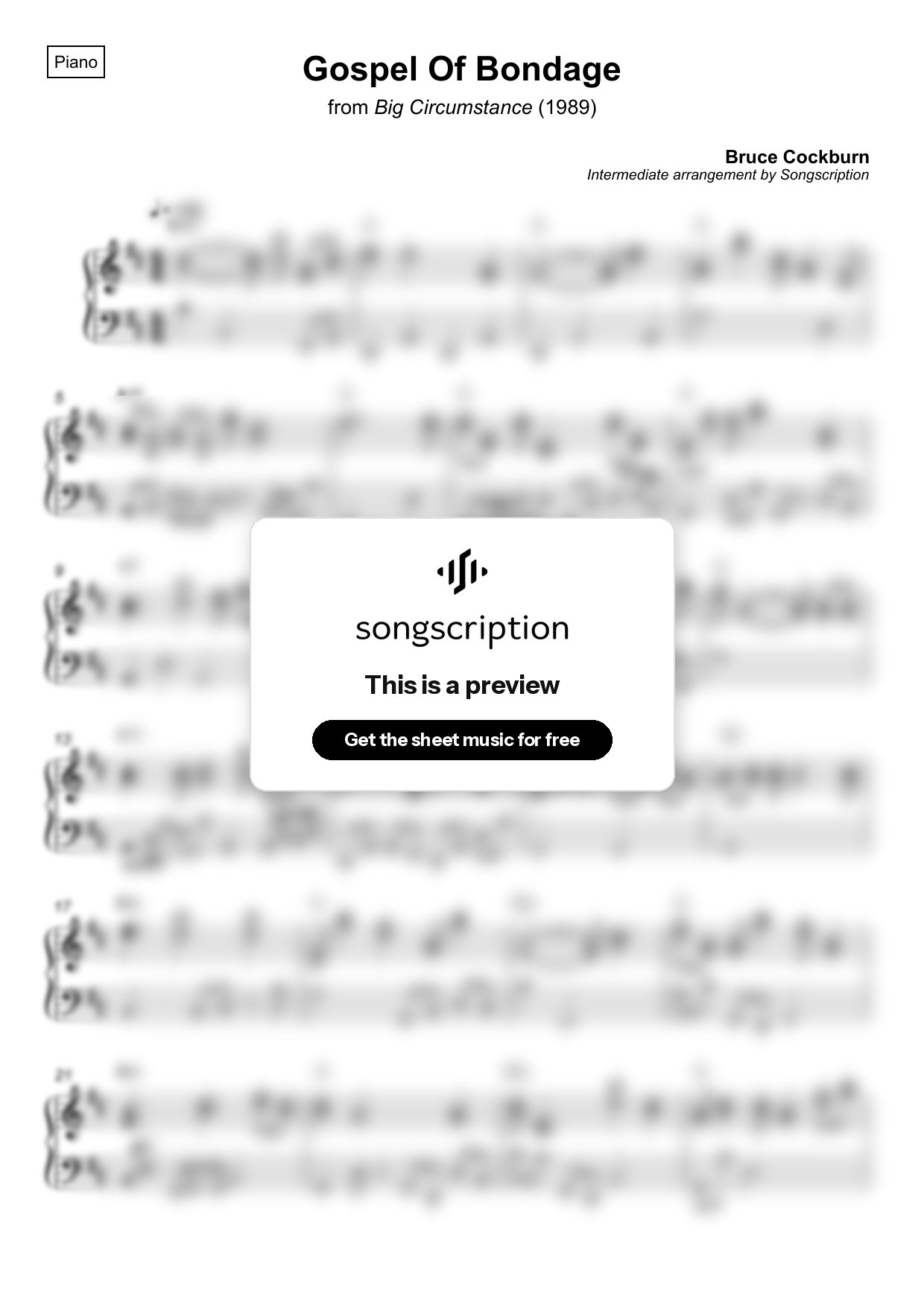 Intermediate Piano Sheet Music for "Gospel Of Bondage" by Bruce Cockburn