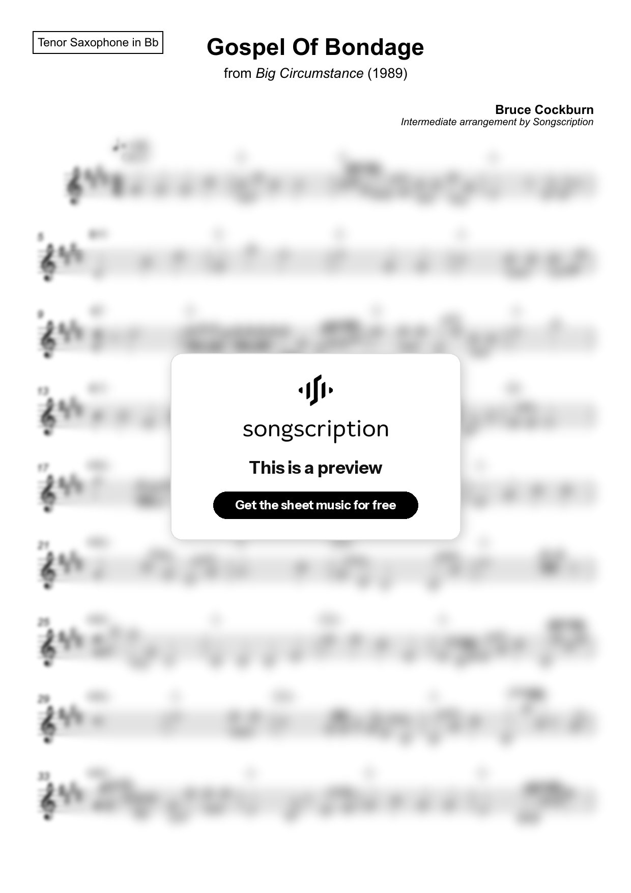 Intermediate Tenor Sax Sheet Music for "Gospel Of Bondage" by Bruce Cockburn