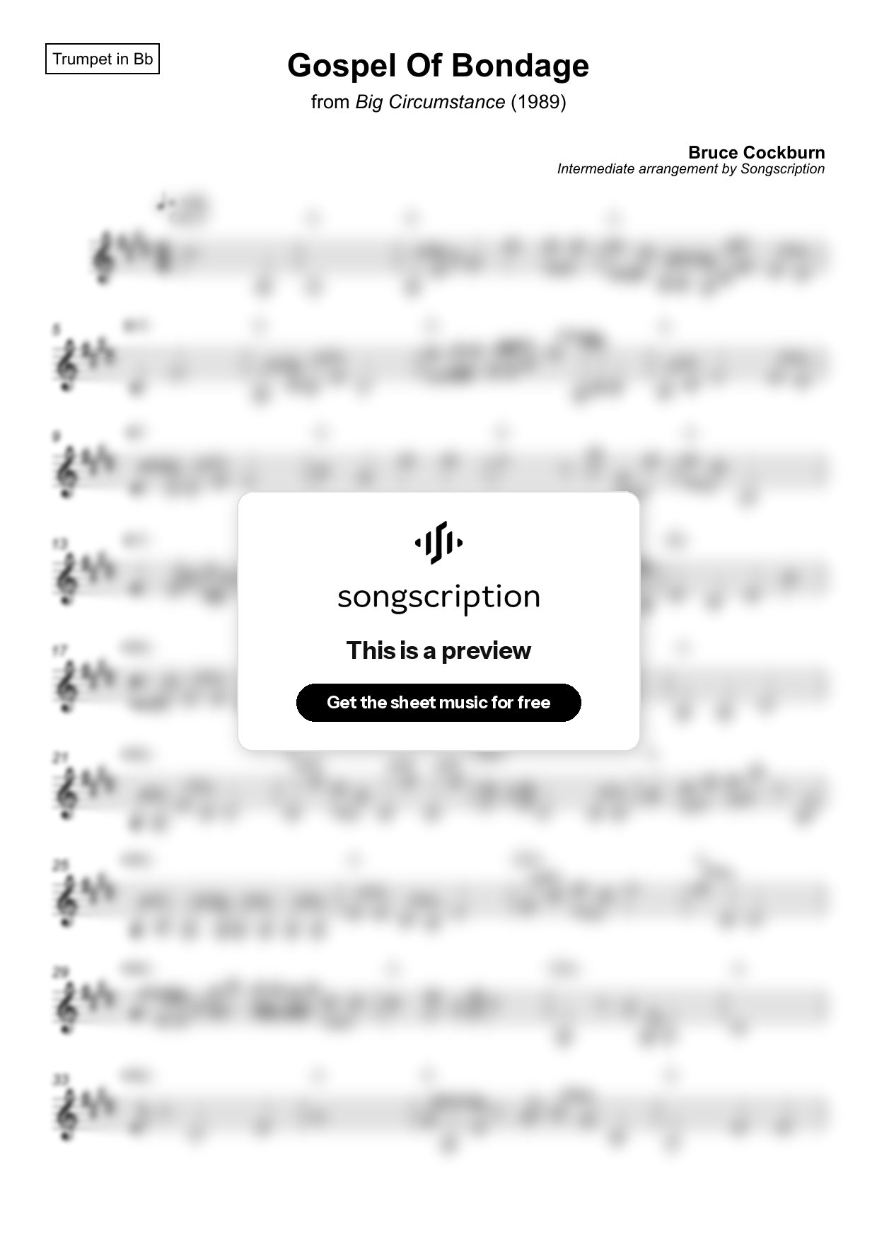 Intermediate Trumpet Sheet Music for "Gospel Of Bondage" by Bruce Cockburn