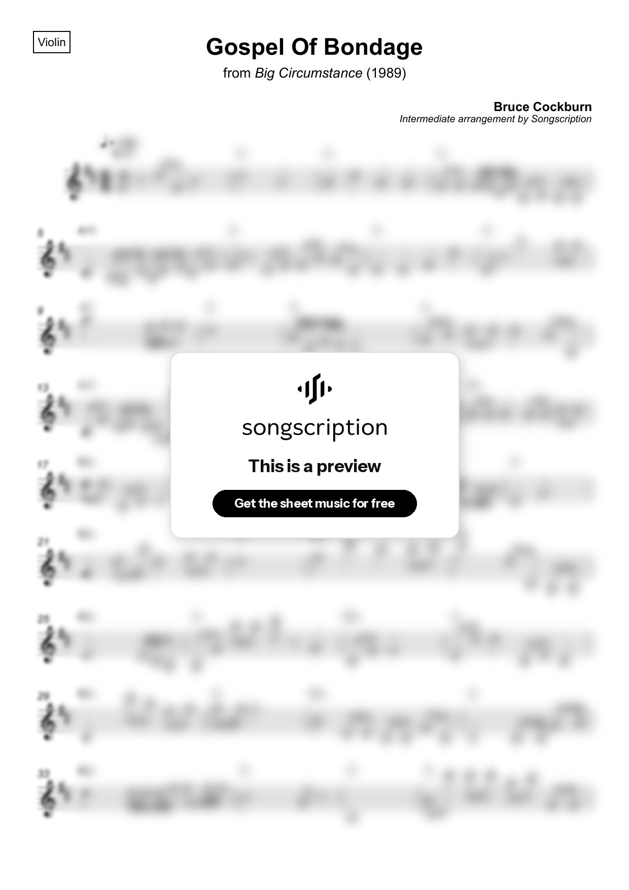 Intermediate Violin Sheet Music for "Gospel Of Bondage" by Bruce Cockburn