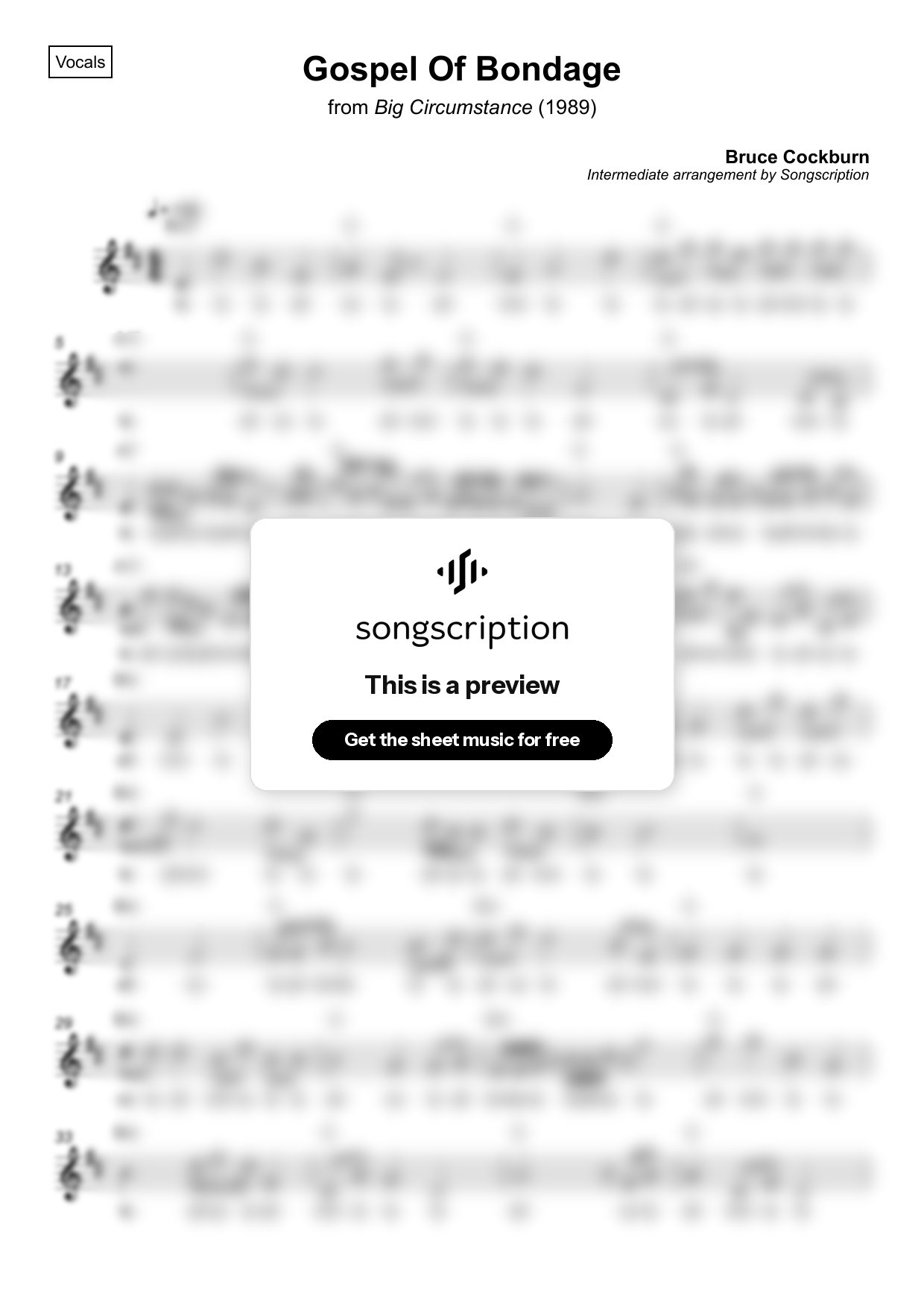 Intermediate Vocals Sheet Music for "Gospel Of Bondage" by Bruce Cockburn