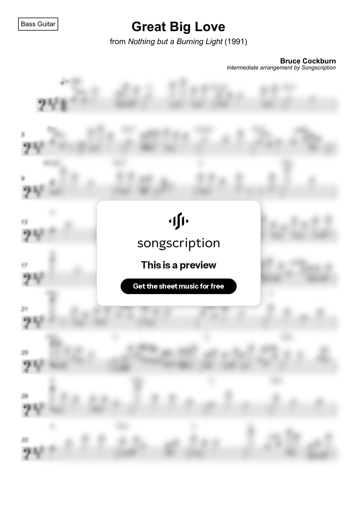 Intermediate Bass Guitar Sheet Music for "Great Big Love" by Bruce Cockburn