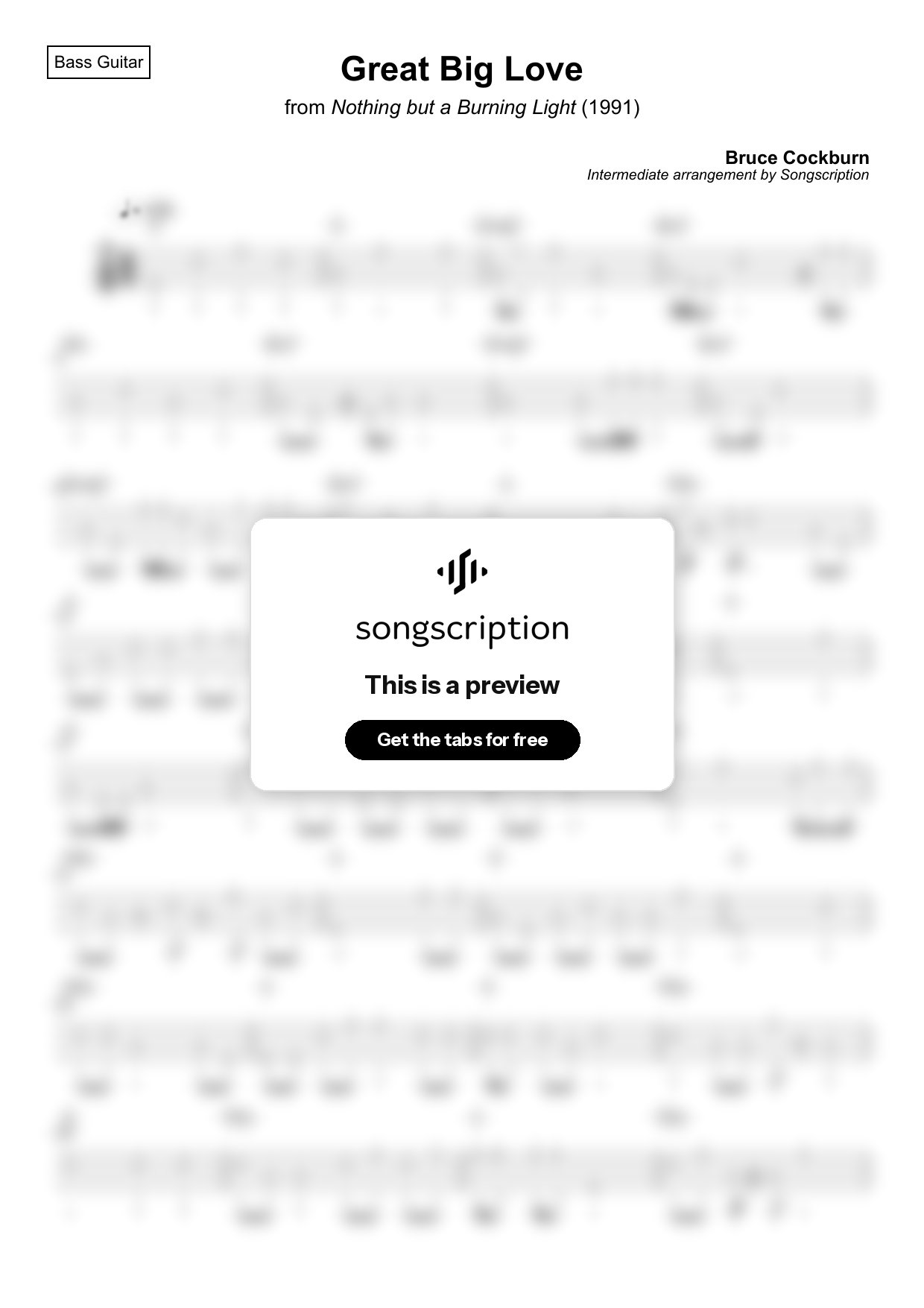 Intermediate Bass Guitar Tabs for "Great Big Love" by Bruce Cockburn