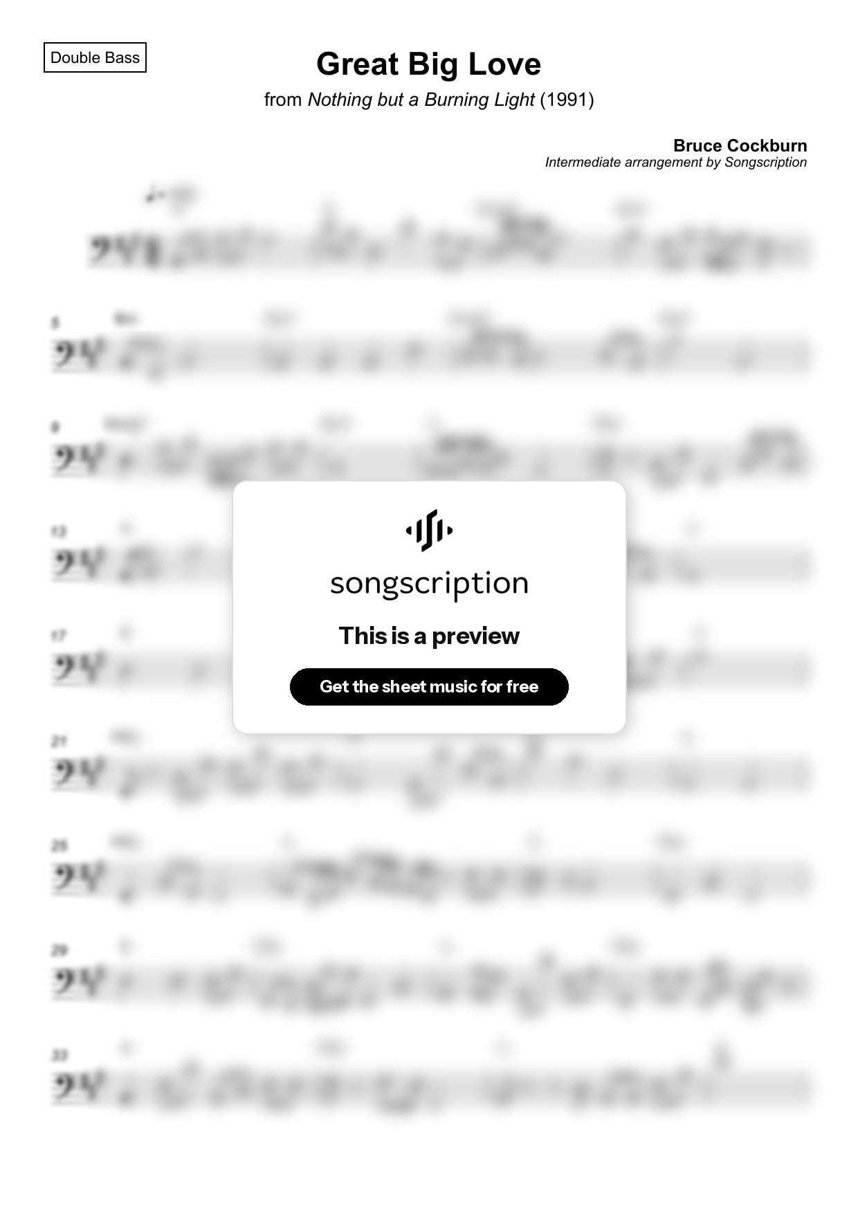 Intermediate Double Bass Sheet Music for "Great Big Love" by Bruce Cockburn