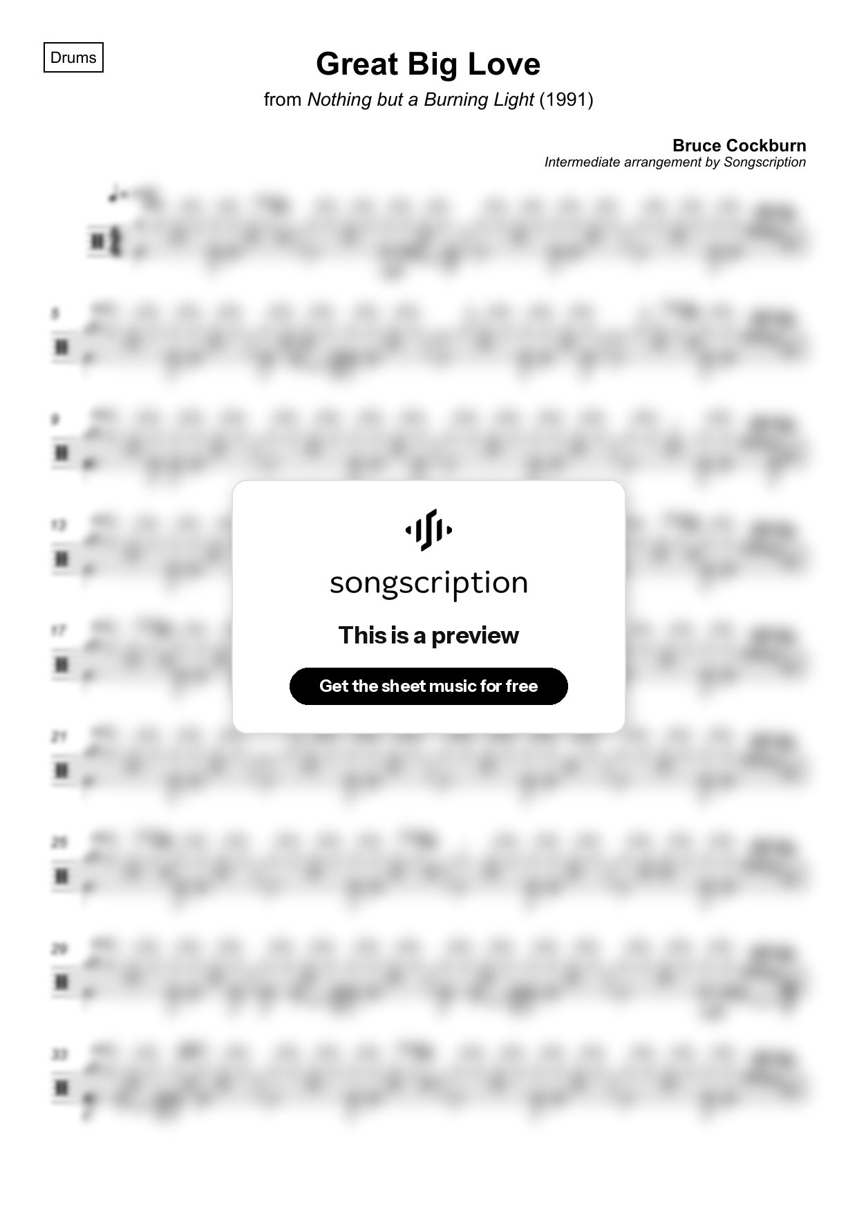 Intermediate Drums Sheet Music for "Great Big Love" by Bruce Cockburn
