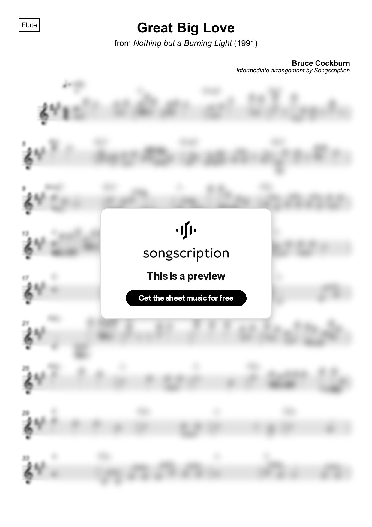 Intermediate Flute Sheet Music for "Great Big Love" by Bruce Cockburn