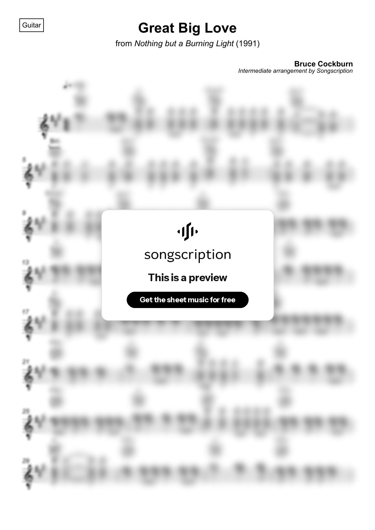 Intermediate Acoustic Guitar Sheet Music for "Great Big Love" by Bruce Cockburn