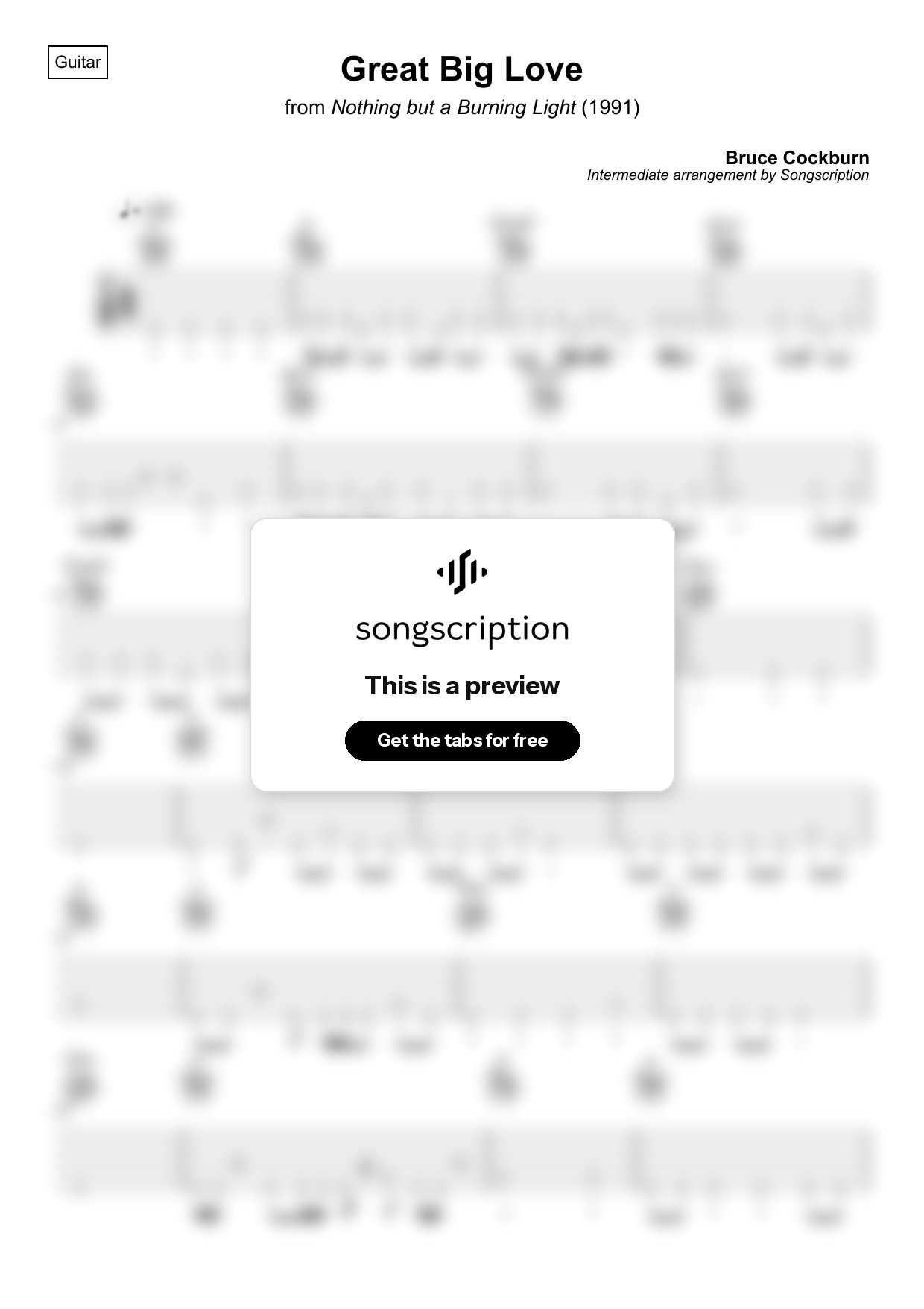 Intermediate Acoustic Guitar Tabs for "Great Big Love" by Bruce Cockburn