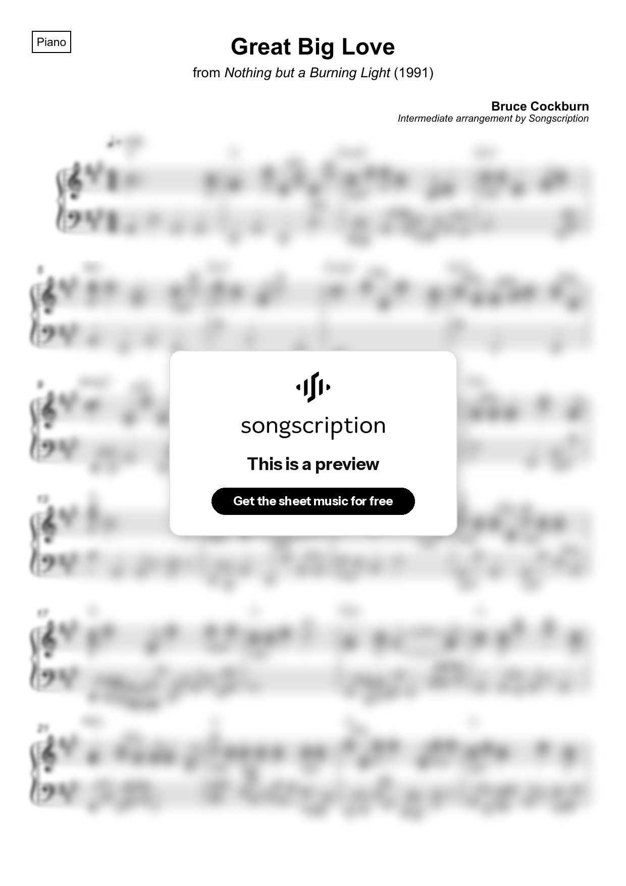Intermediate Piano Sheet Music for "Great Big Love" by Bruce Cockburn