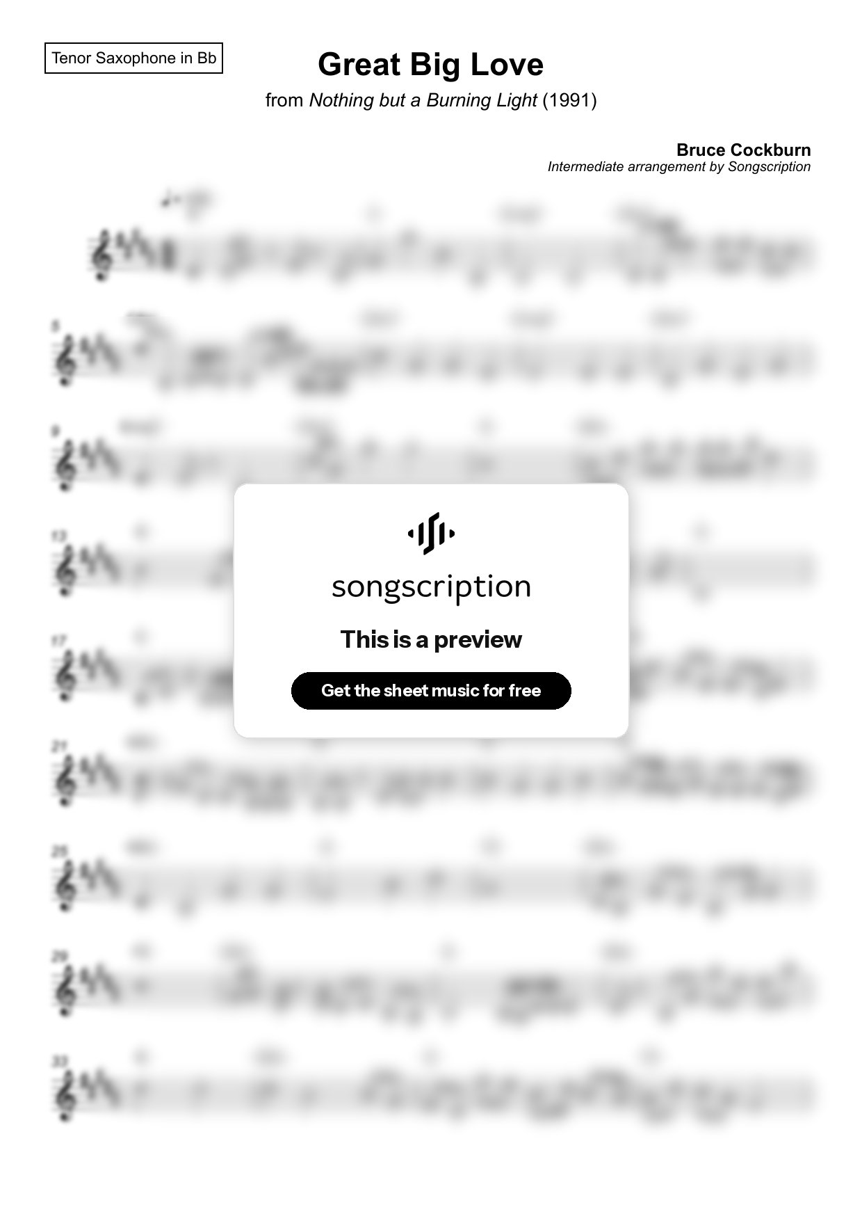 Intermediate Tenor Sax Sheet Music for "Great Big Love" by Bruce Cockburn