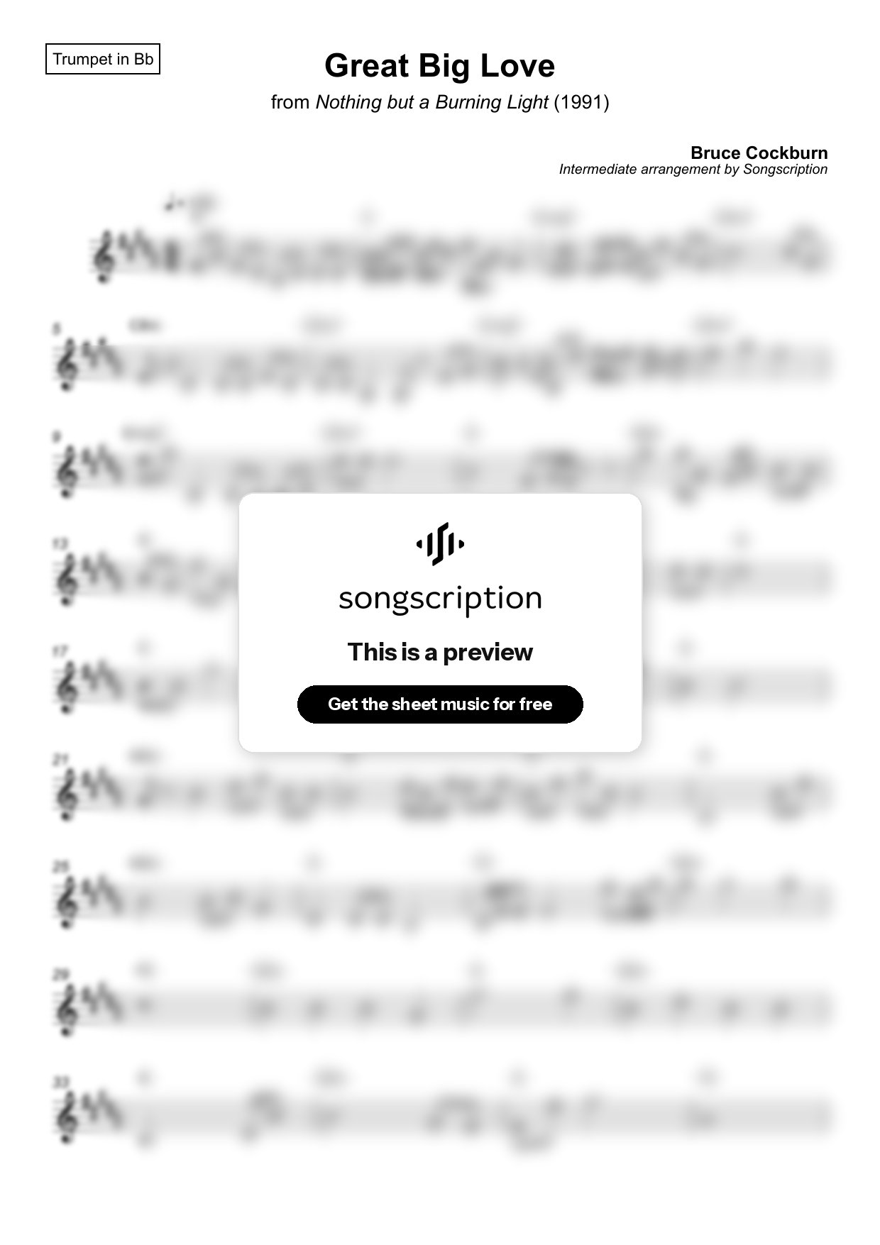 Intermediate Trumpet Sheet Music for "Great Big Love" by Bruce Cockburn