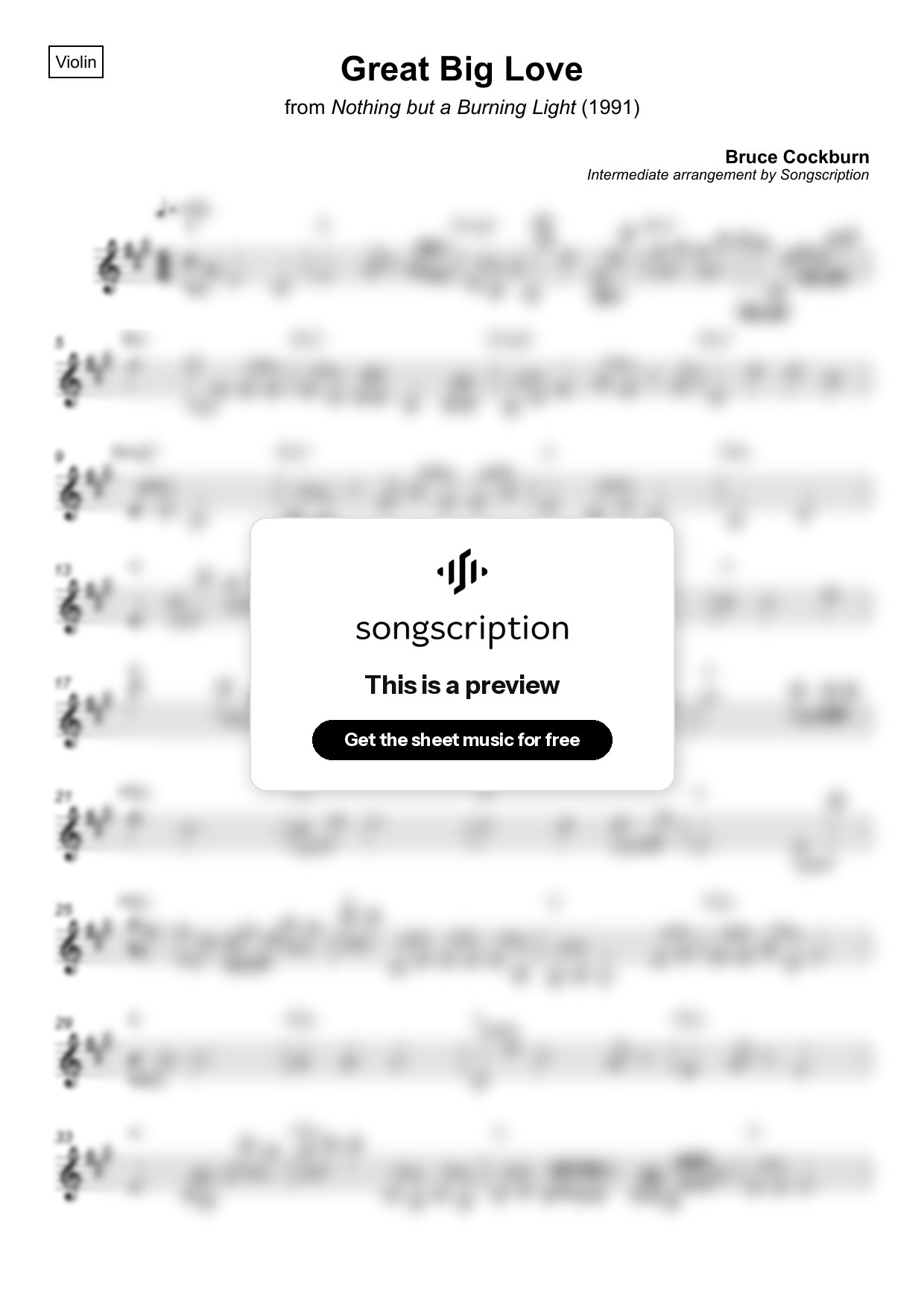 Intermediate Violin Sheet Music for "Great Big Love" by Bruce Cockburn