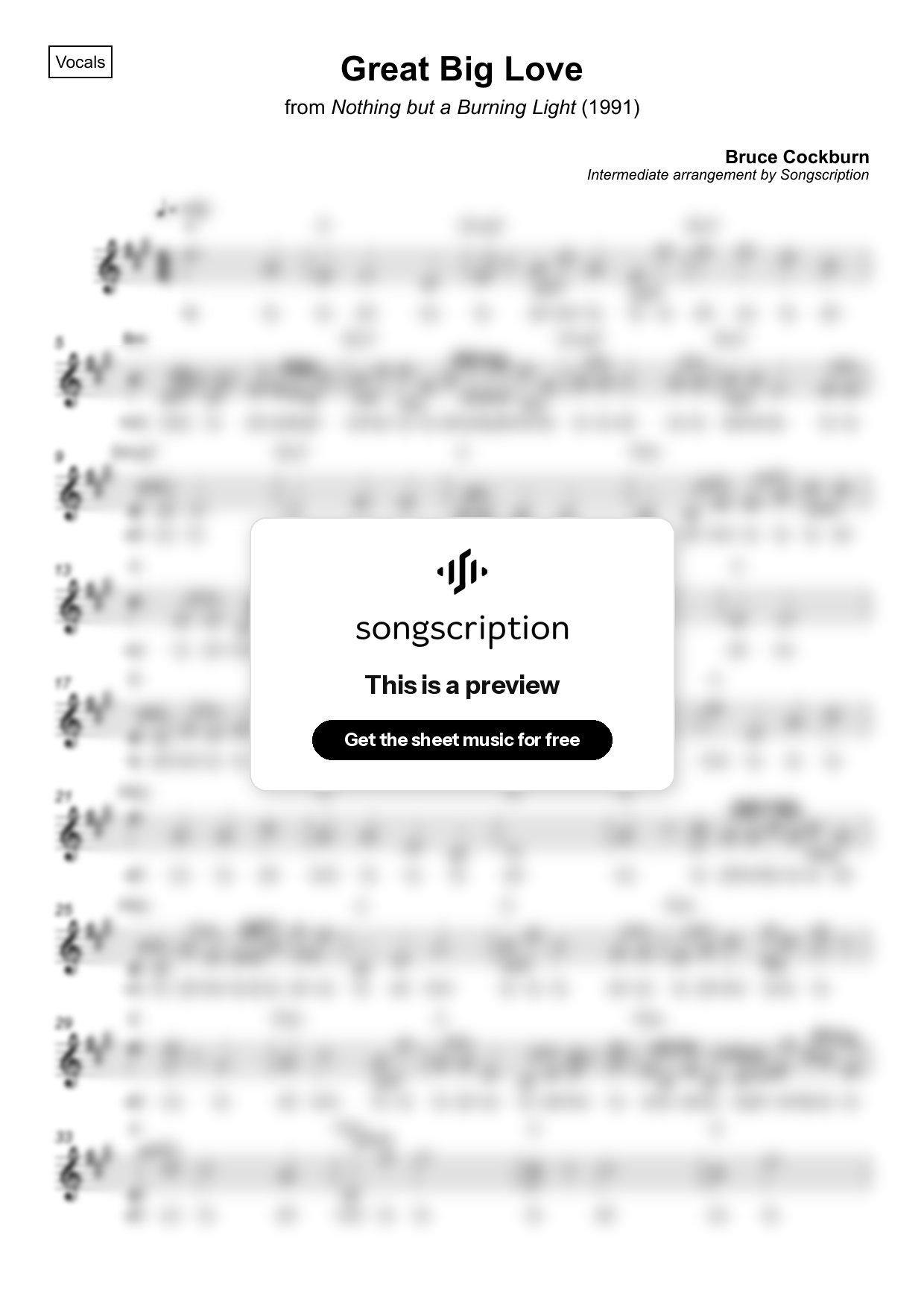 Intermediate Vocals Sheet Music for "Great Big Love" by Bruce Cockburn